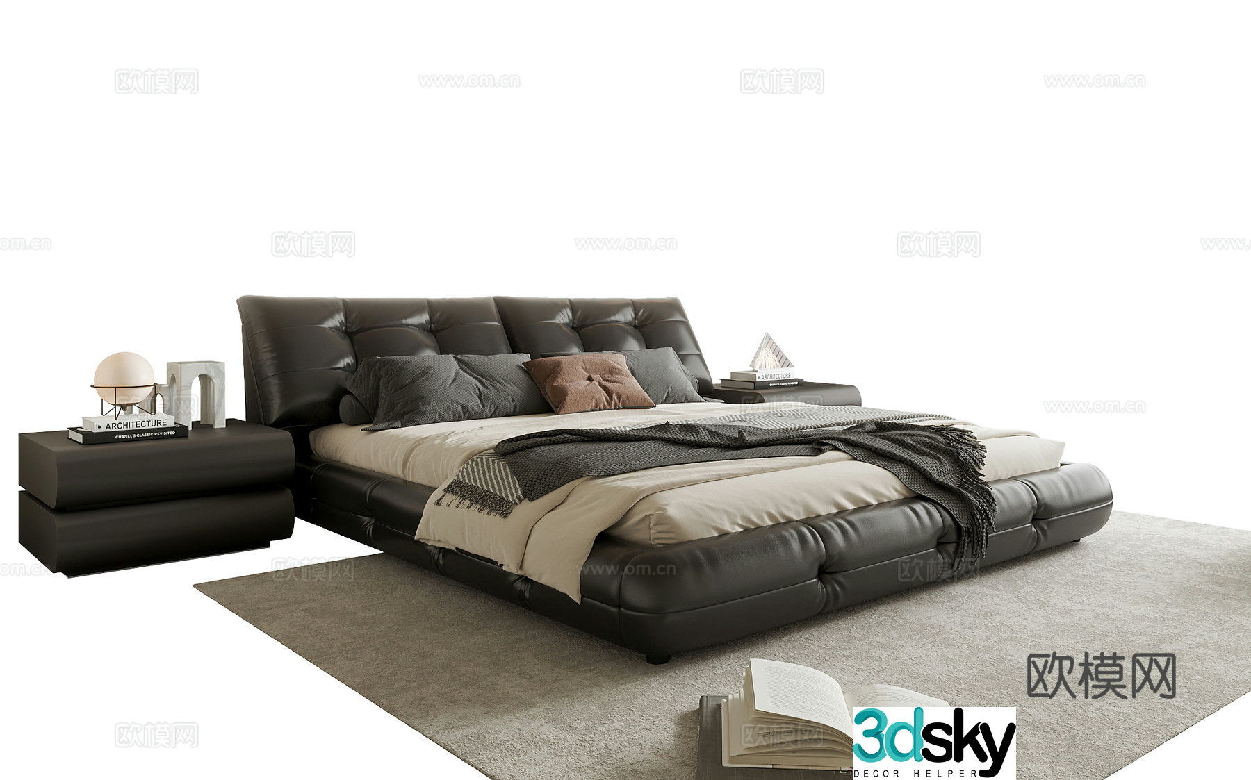 Modern double bed nightstand leather bed 3d model