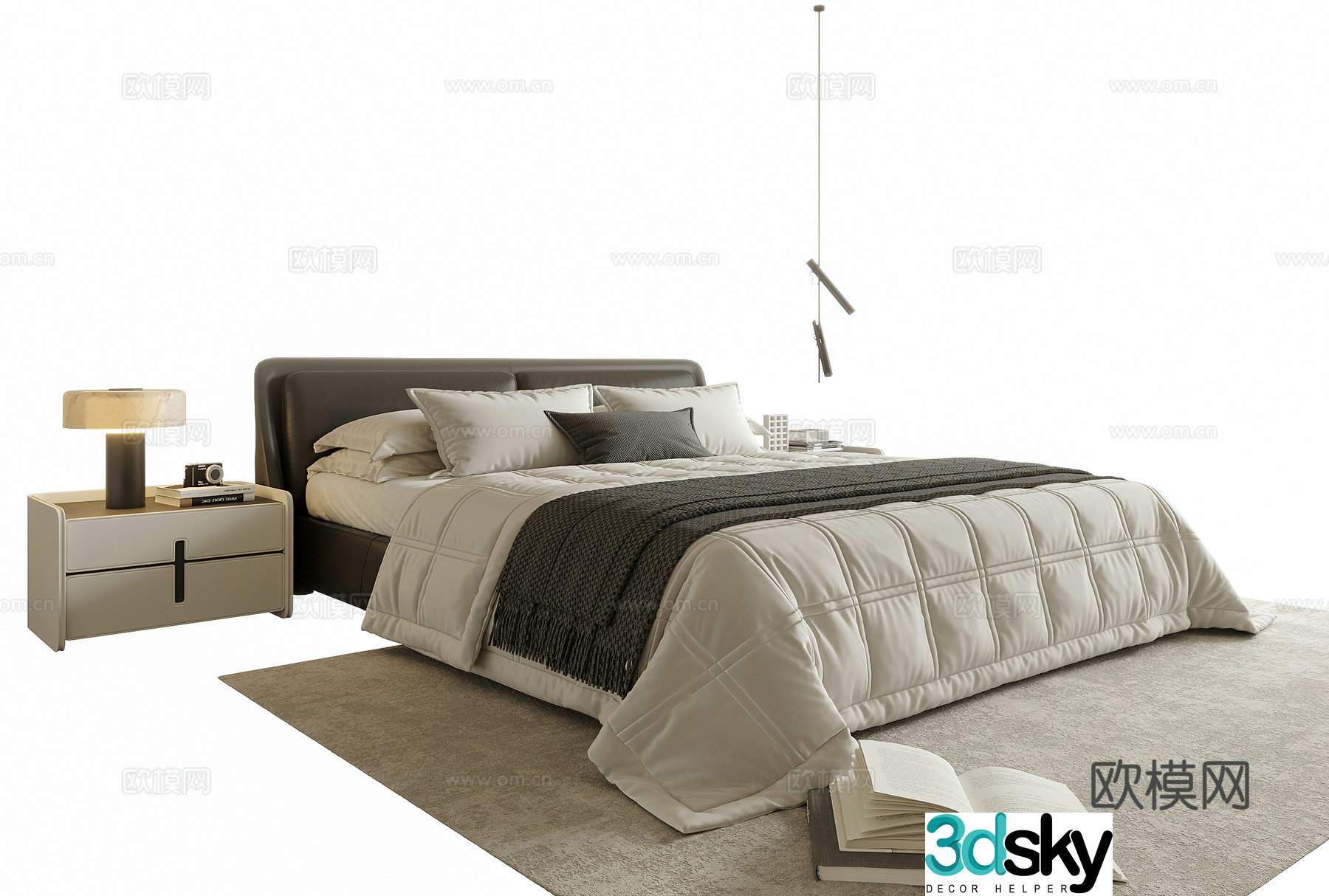 Modern double bed bedside table bedside chandeliers 3d model