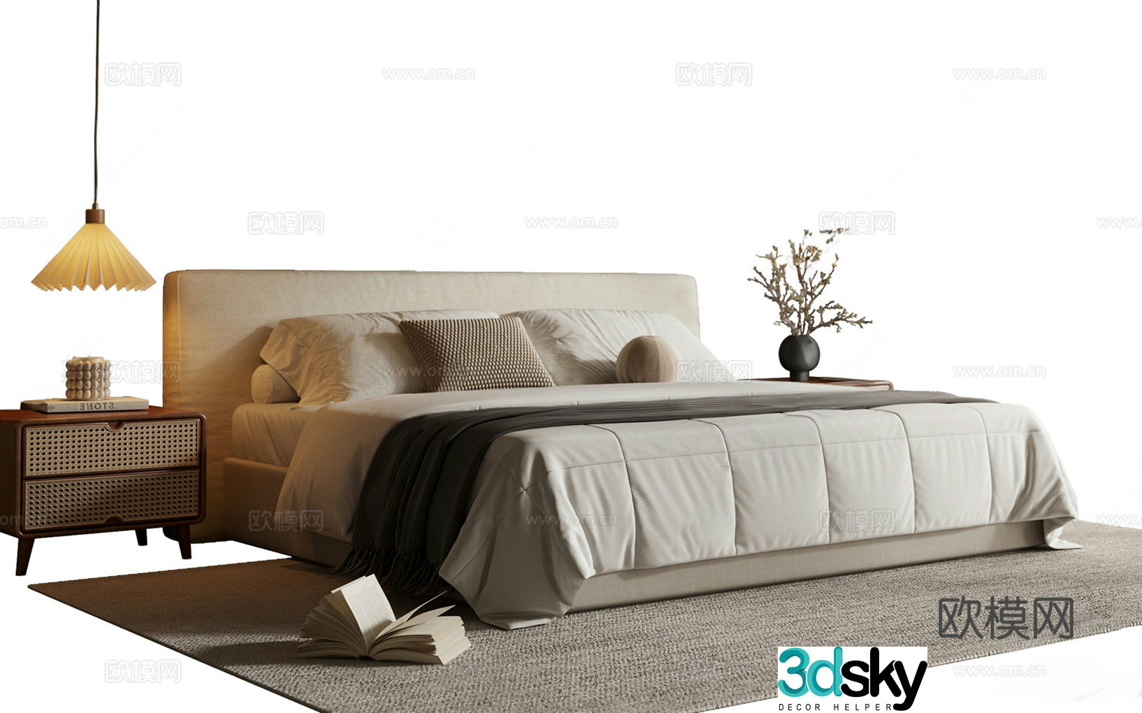 Modern medieval double bed fabric bed master bedroom bed chandeliers nightstand jewelry ornaments 3D model