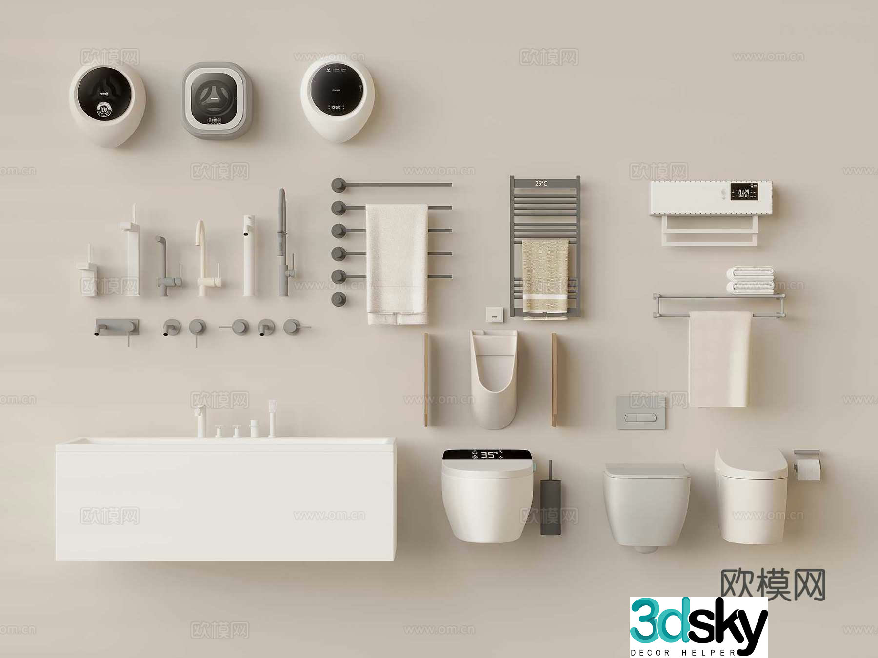 Modern bathroom combination toilet sink washing machine towel rack 3d model