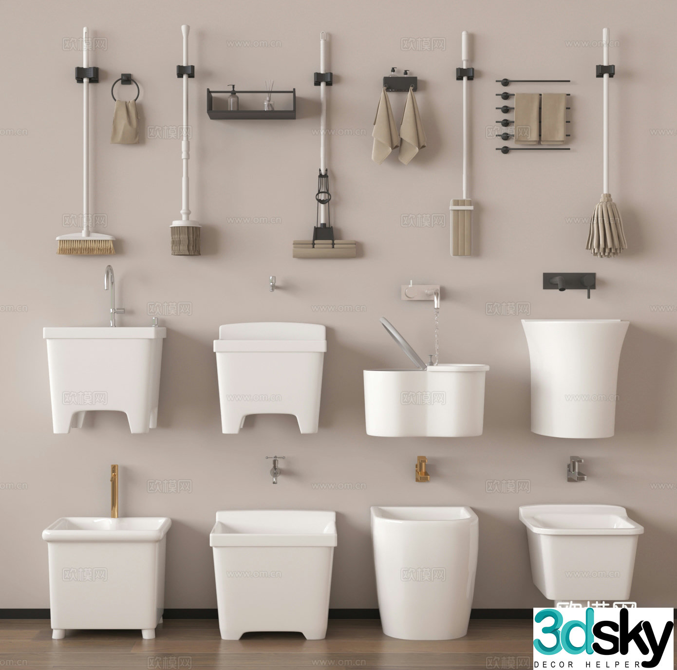 Mop pool mop pool mop broom towel rack rag hook 3d model