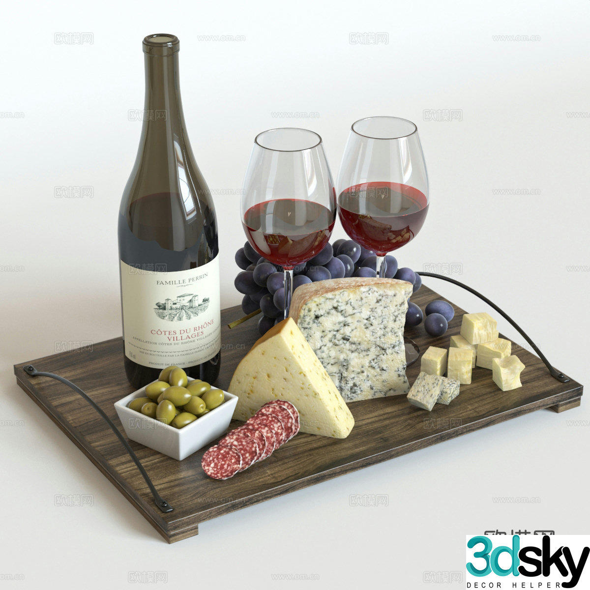 Wine and food fruit bread sausage grape 3d model