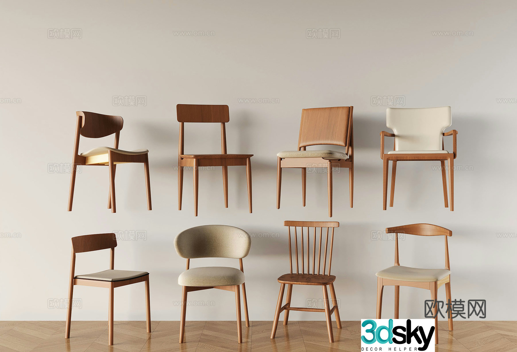 Medium style solid wood backrest chair Nordic dining chair desk chair 3D model