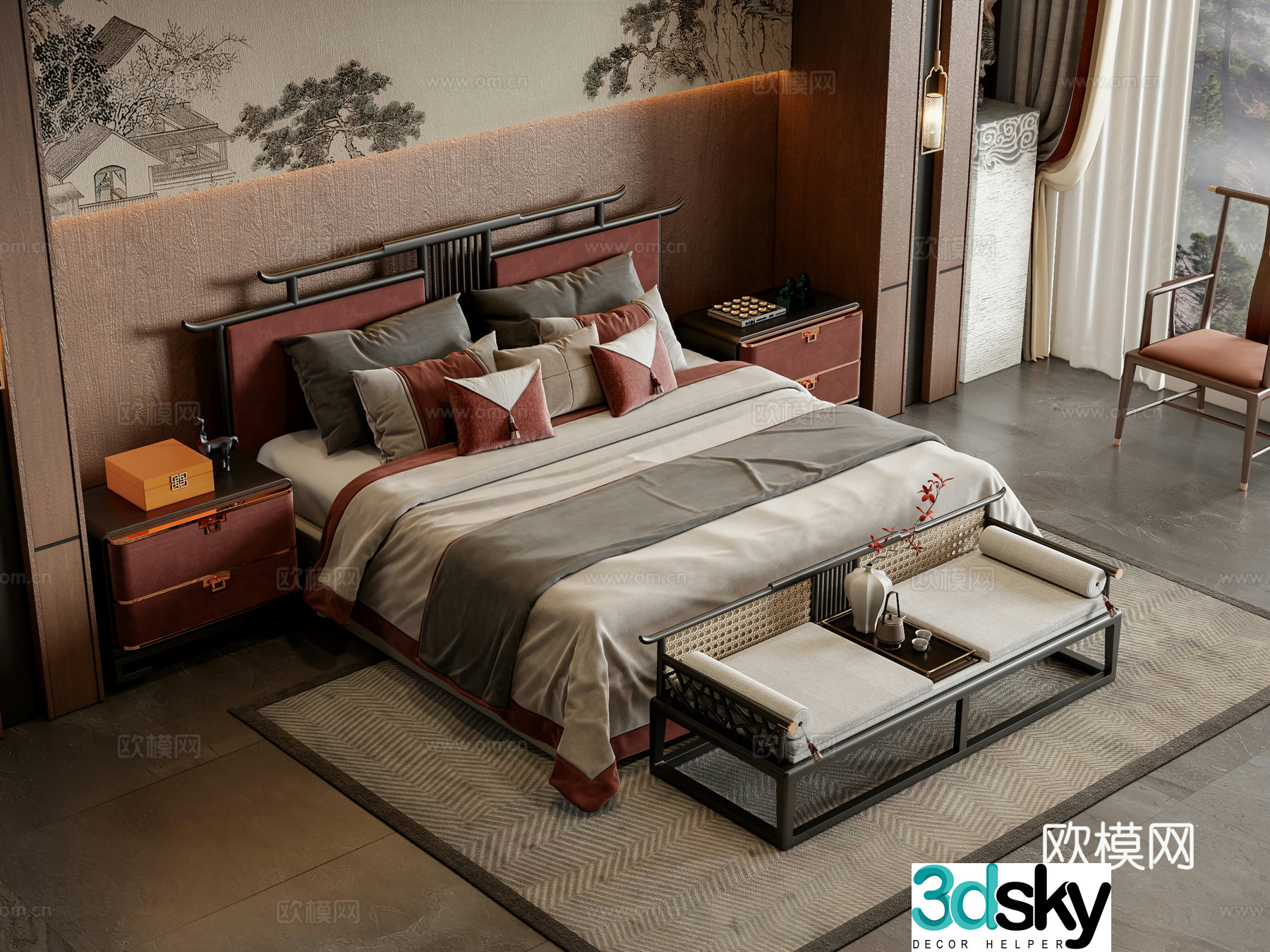 New Chinese style double bed 3D model