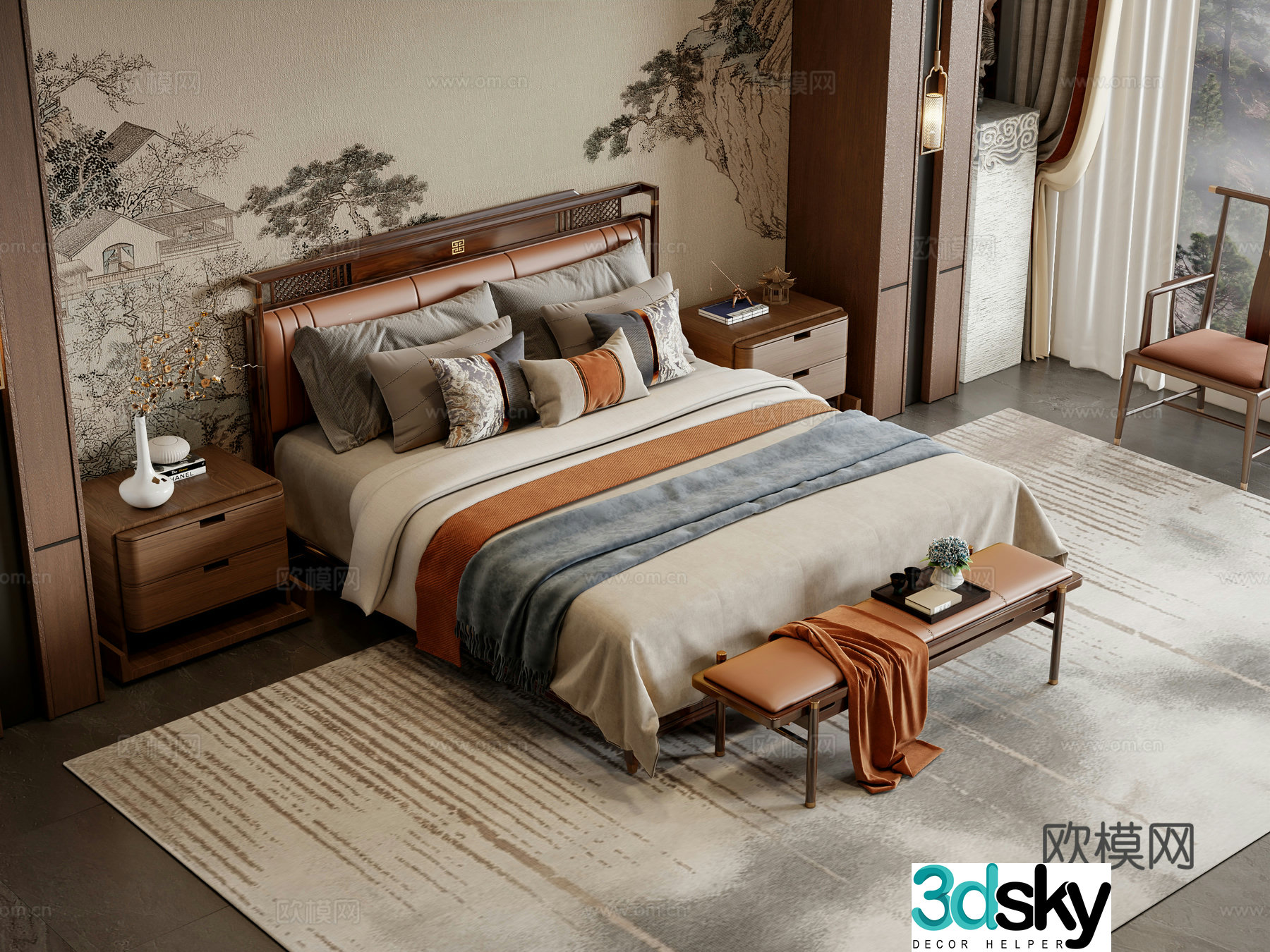 New Chinese style double bed 3D model