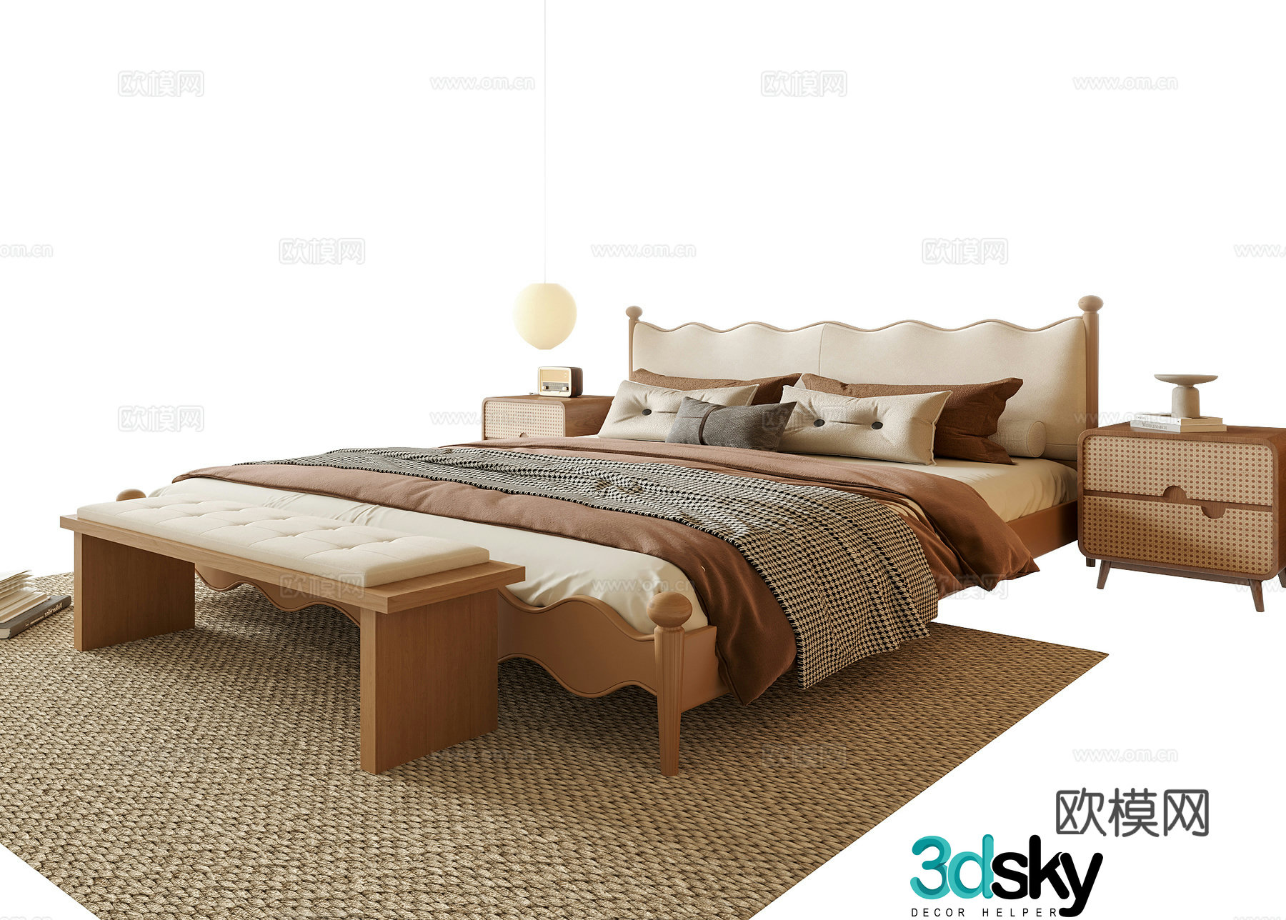 Modern double bed bed tail stool bedside table 3D model