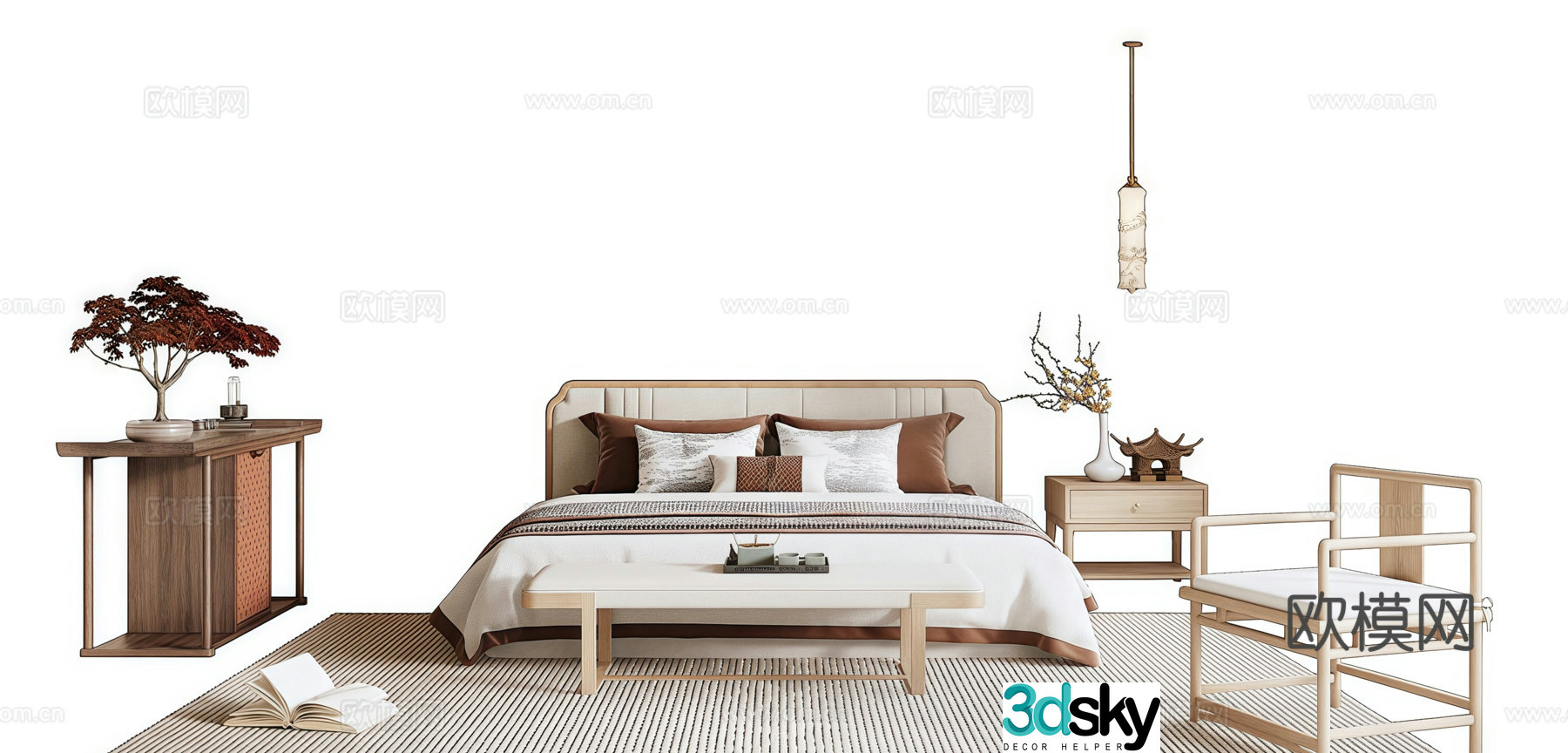 New Chinese style double bed lazy sofa bedside table end viewing platform 3D model