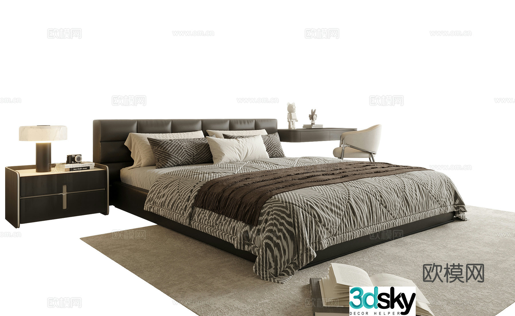 Modern double bed desk chair bedside table 3d model