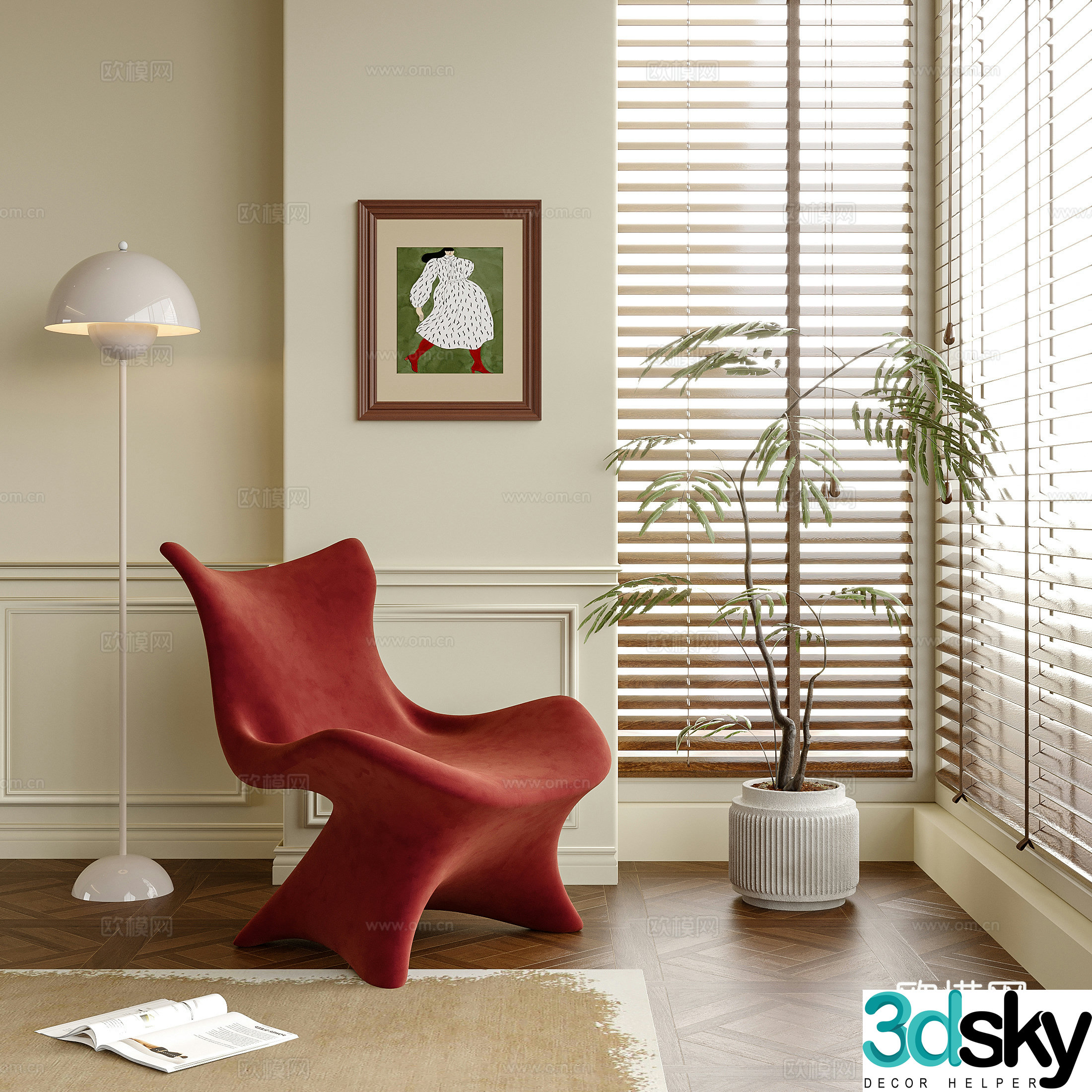 Modern leisure chair single chair potted bonsai floor lamp 3d model