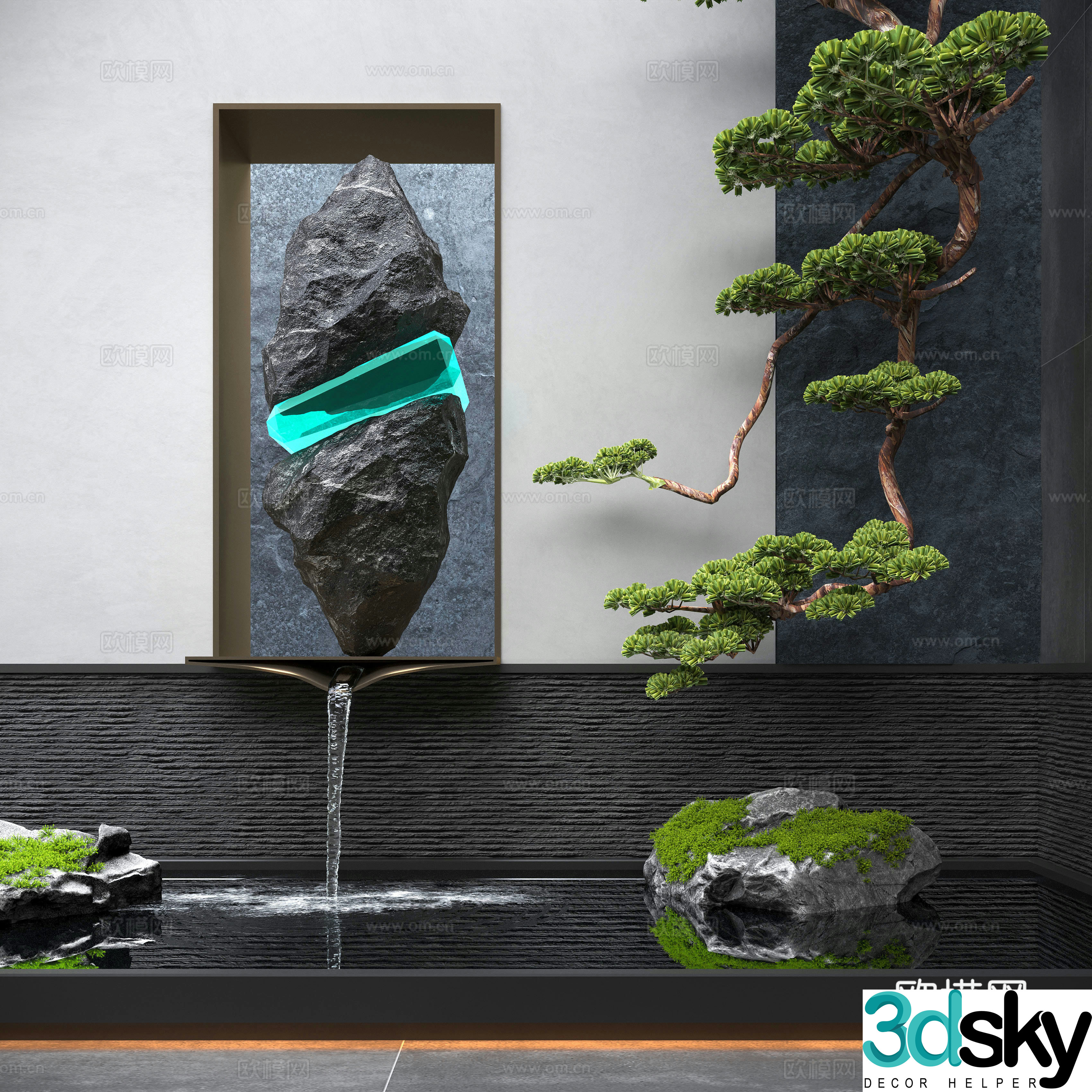 New Chinese style indoor water landscape flowing water landscape stone upside down pine trees 3D model