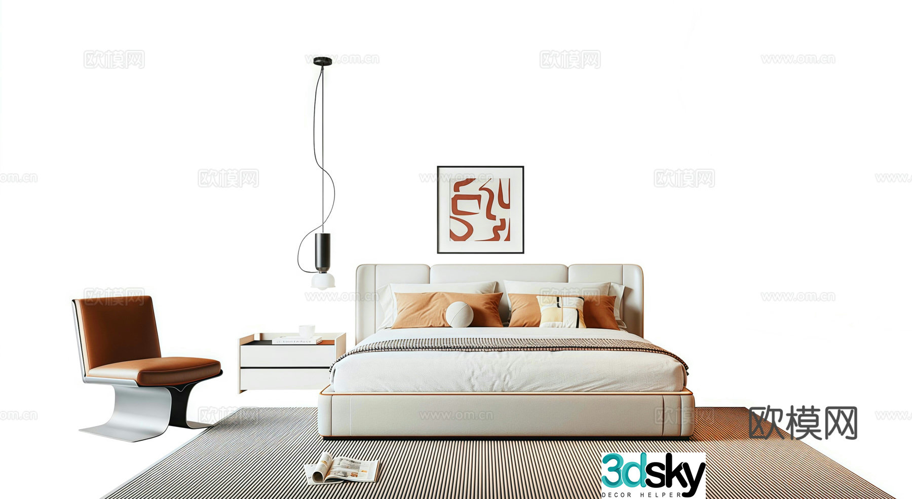 Modern Italian double bed chandelier decorative painting lazy sofa bedside table 3d model