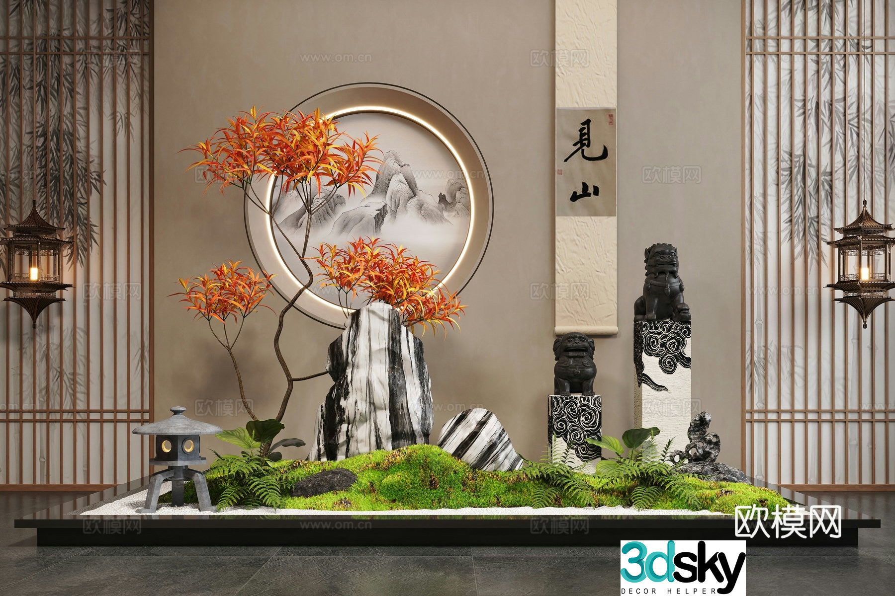 New Chinese-style landscape interior landscape bryophyte landscape stone 3D model