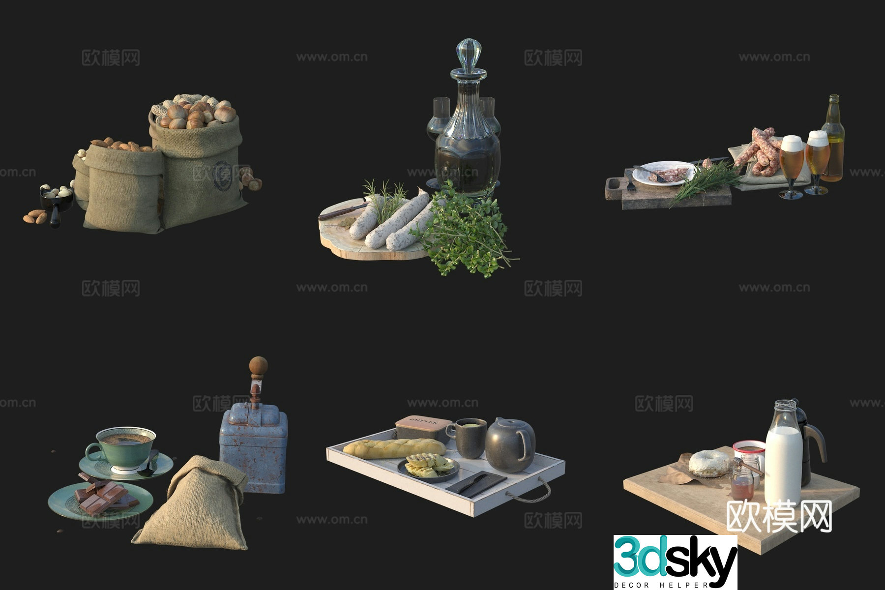 Table food ingredients nut bread sausage wine buffalo milk 3d model