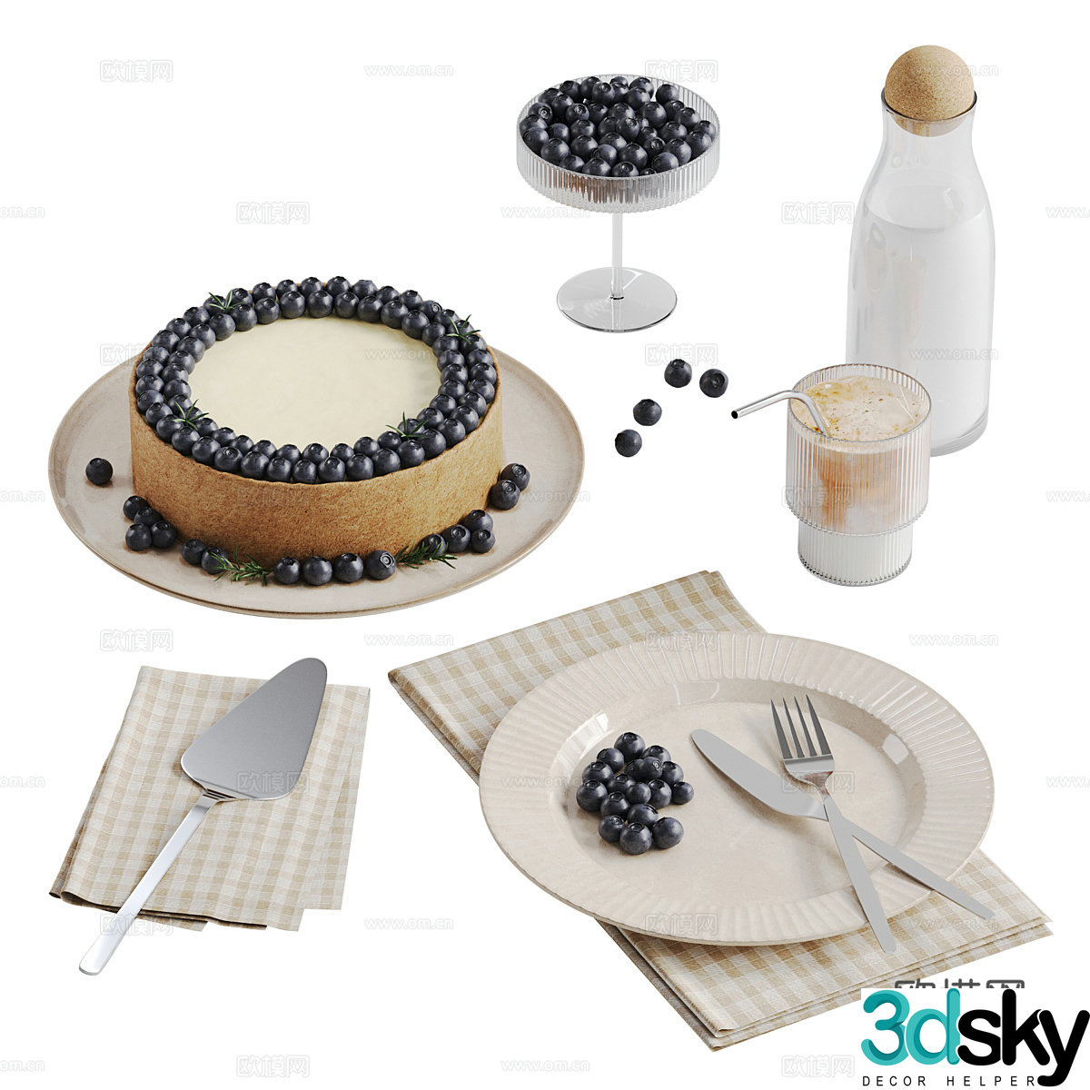Blueberry cheesecake and coffee decoration 3d model