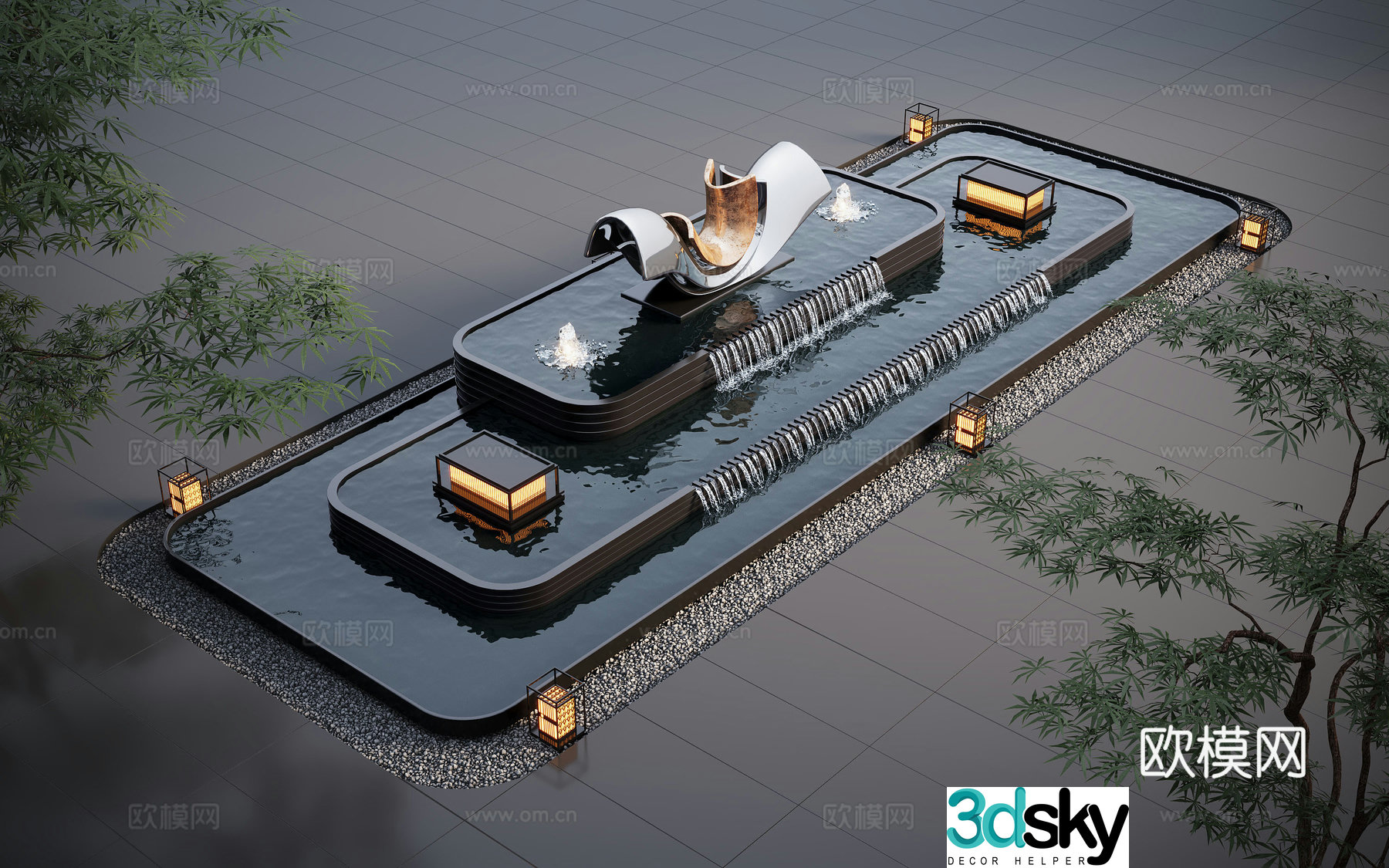 Modern water landscape garden waterscape water bowl stacked water water drop 3d model