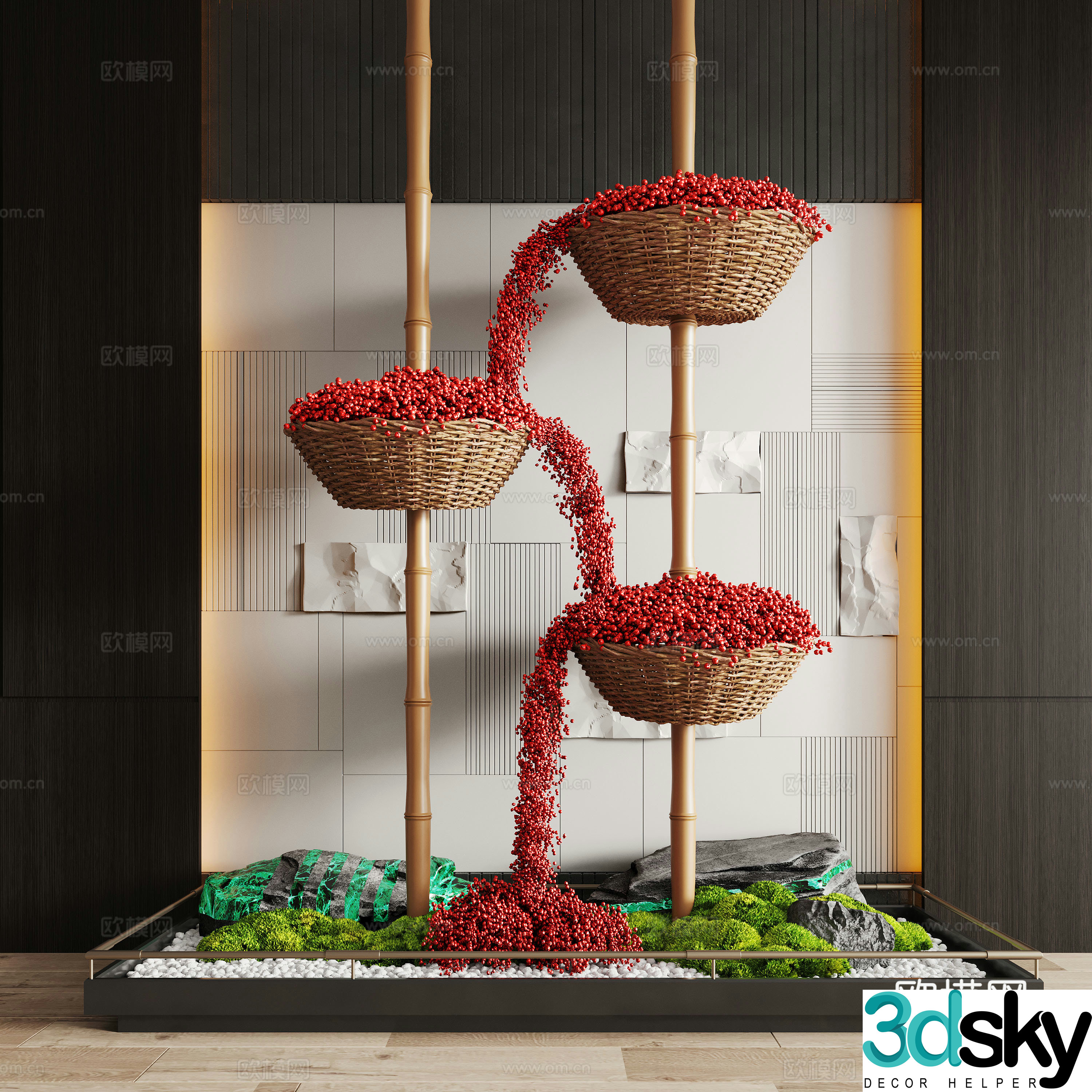 New Chinese-style landscape landscaping Brucea Landscape Stone Art installation Rattan weaving installation 3D model
