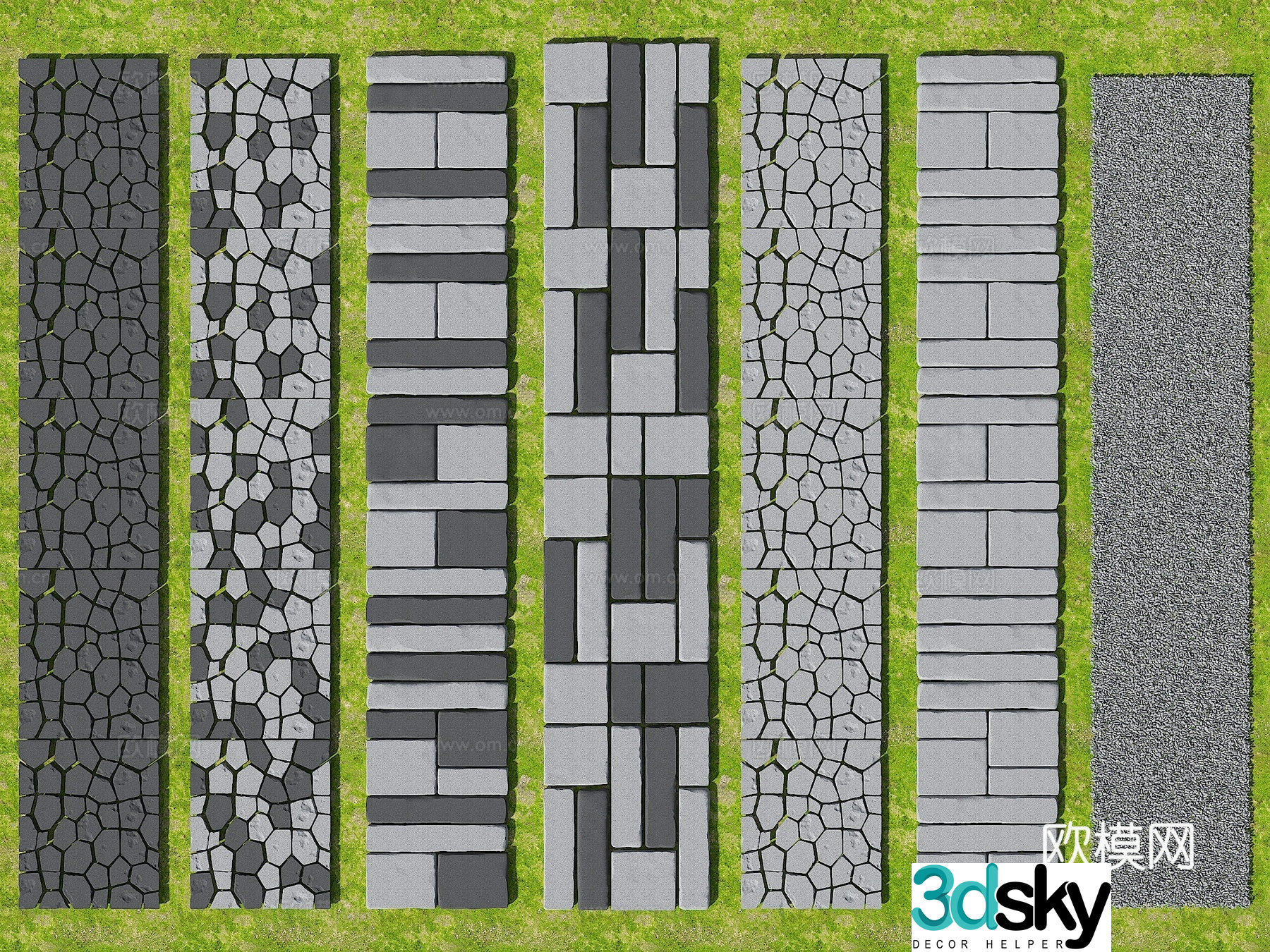 Modern old stone slab Chinese style slab stone road slab trail gravel gravel road landscape garden 3D model