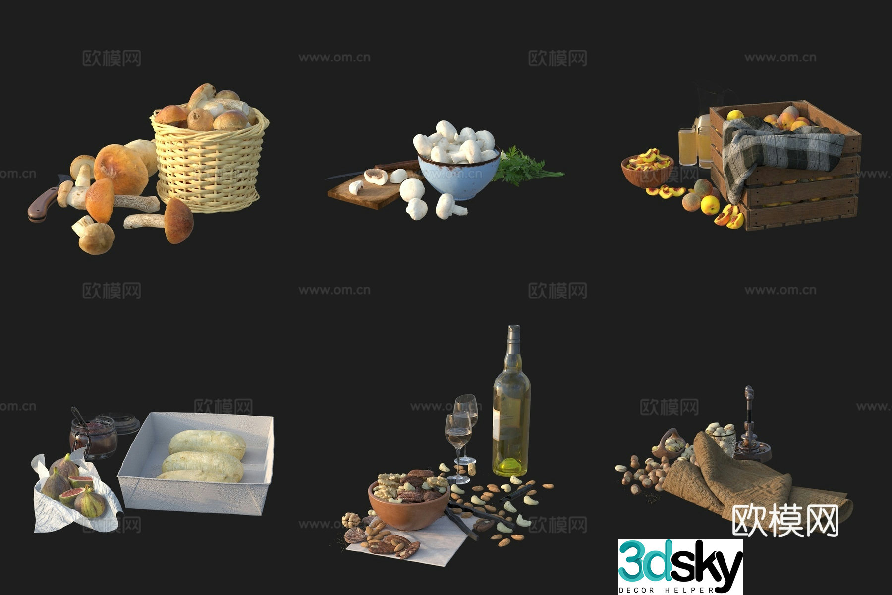 Table food ingredients mushrooms fruit nut bread 3d model