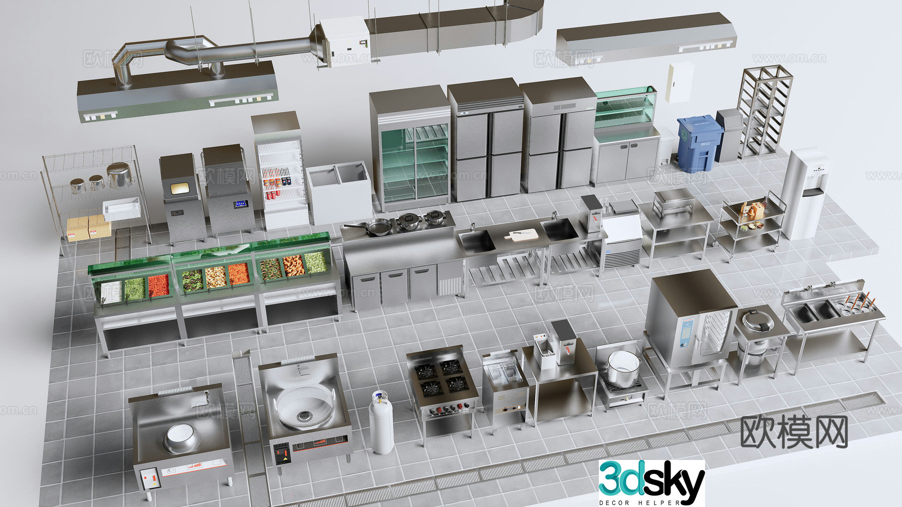 Kitchen supplies combination, kitchen equipment, refrigeration console, extractor, disinfection cabinet, refrigerator, refrigerated cabinet 3D model