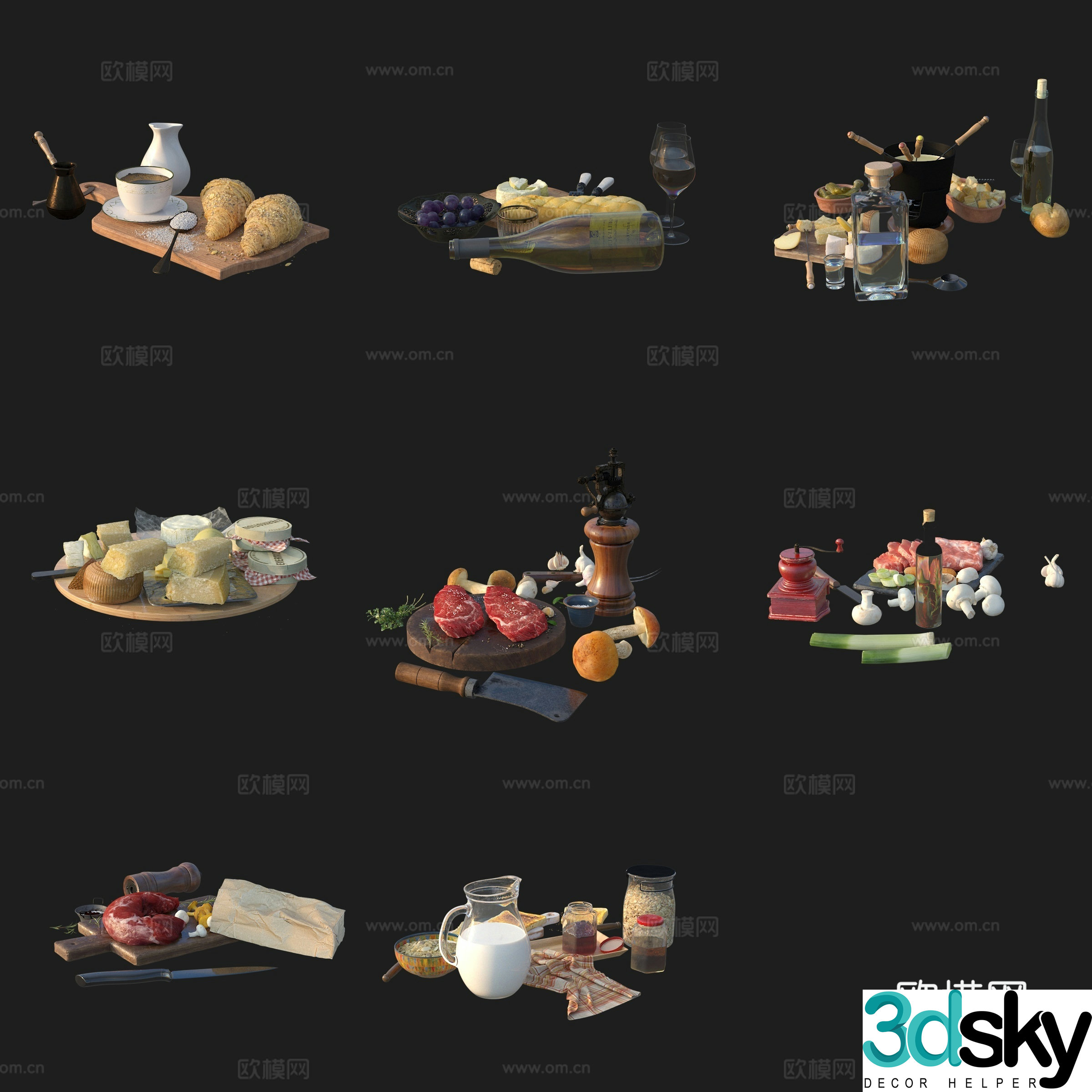 European dining table food breakfast ingredients nut bread meat fruit wine buffalo milk 3d model