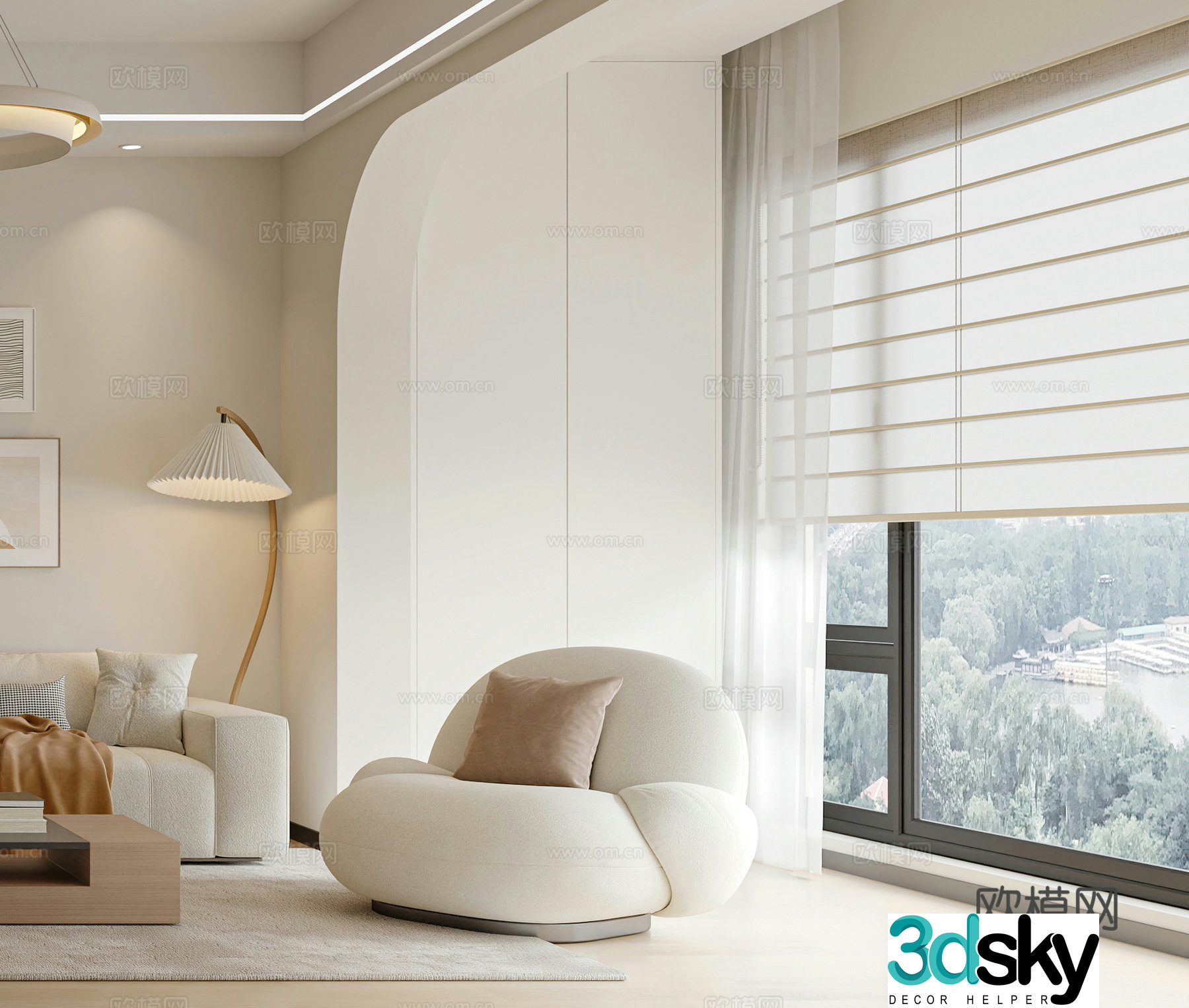 Creamy style leisure chair Floor lamp Single sofa Side table Side table Modern leisure chair Simple 3D model