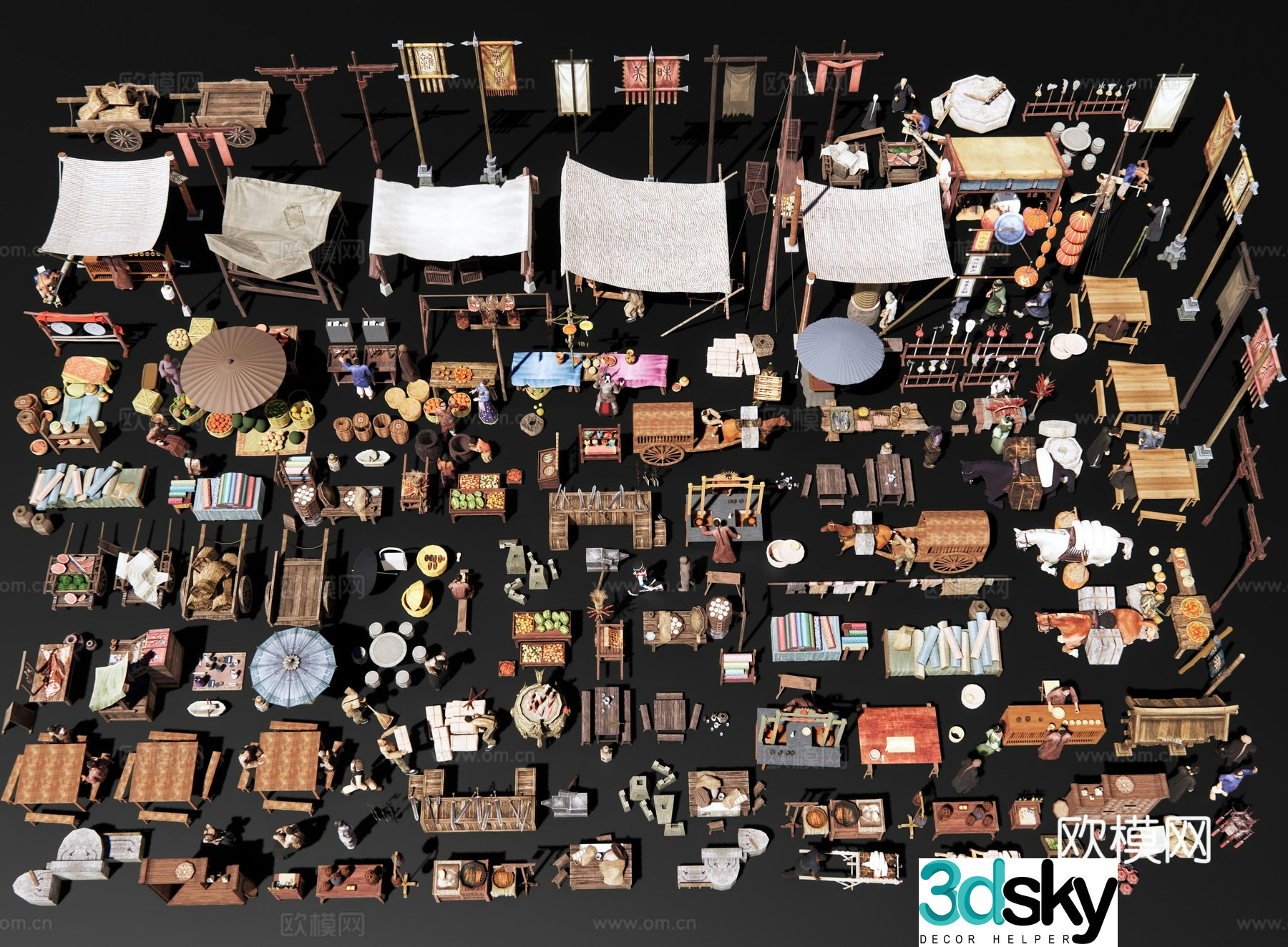 Chinese-style commercial street market sketches ancient style shop vendors Farmers’ market stall shop 3D model