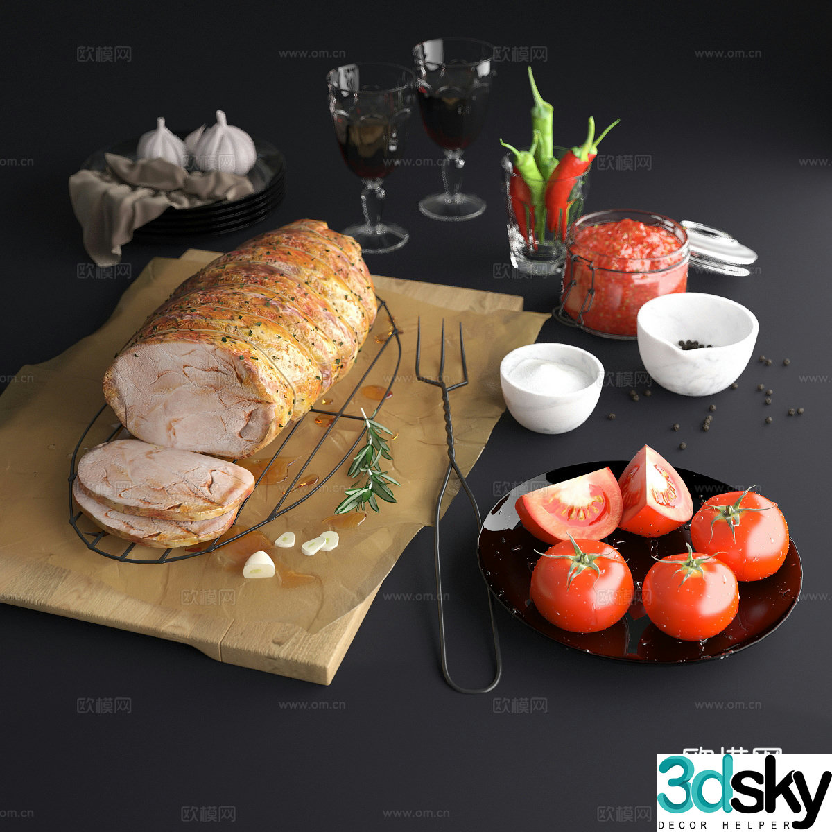 Dishes roasted pork tomatoes garlic 3d model