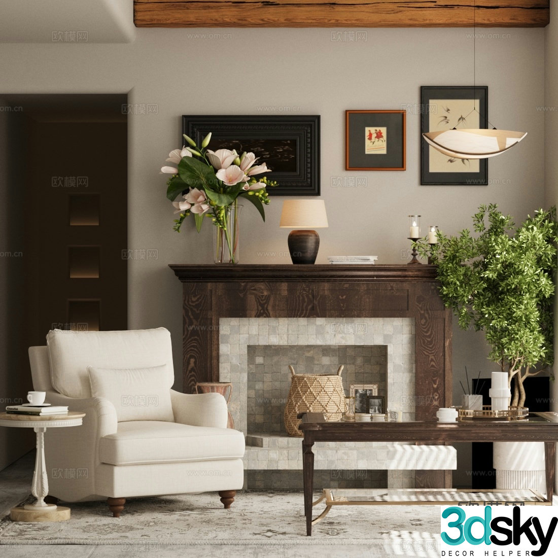 Middle-aged leisure chair fireplace solid wood coffee table floral ornaments 3D model