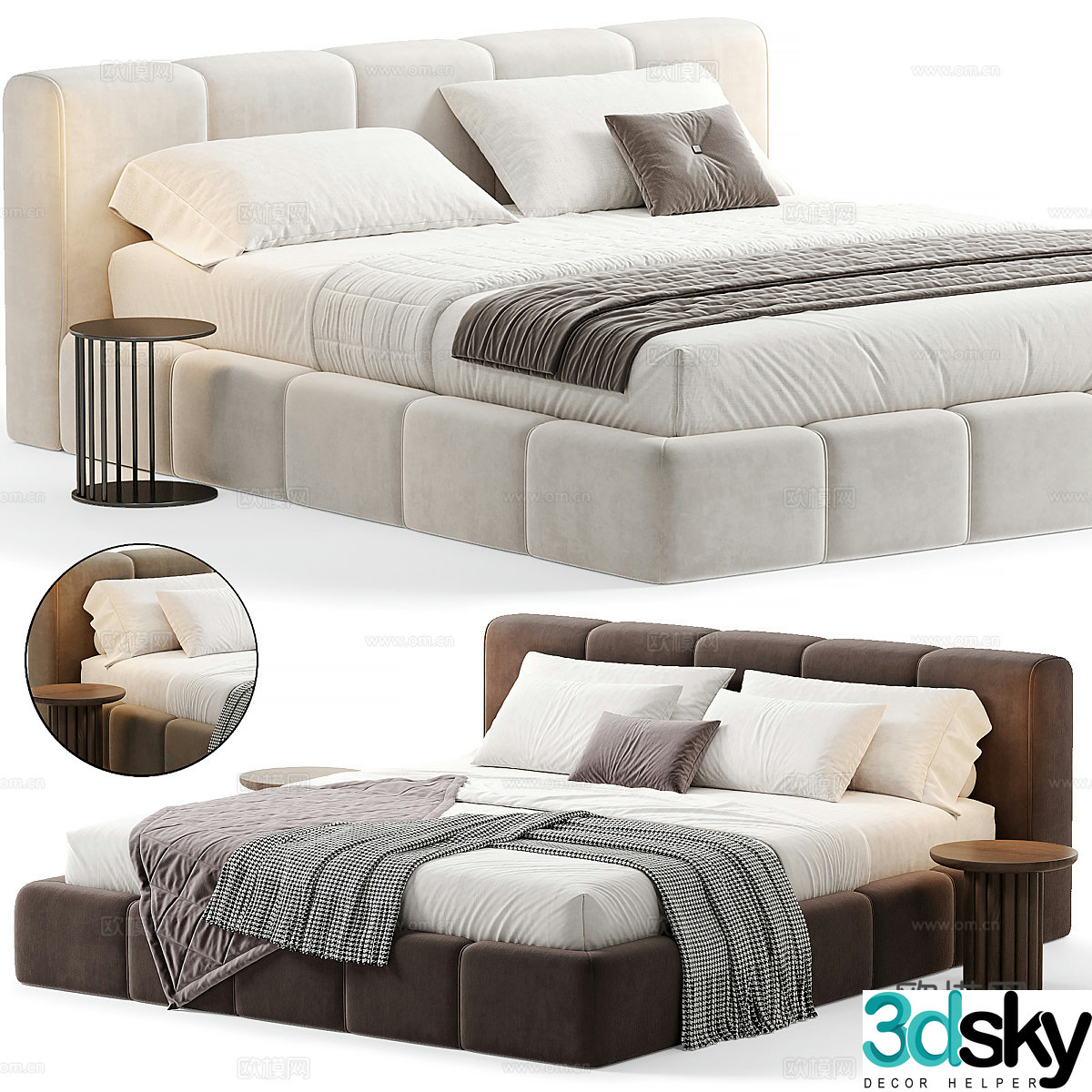 Modern cream style fabric double bed 3d model