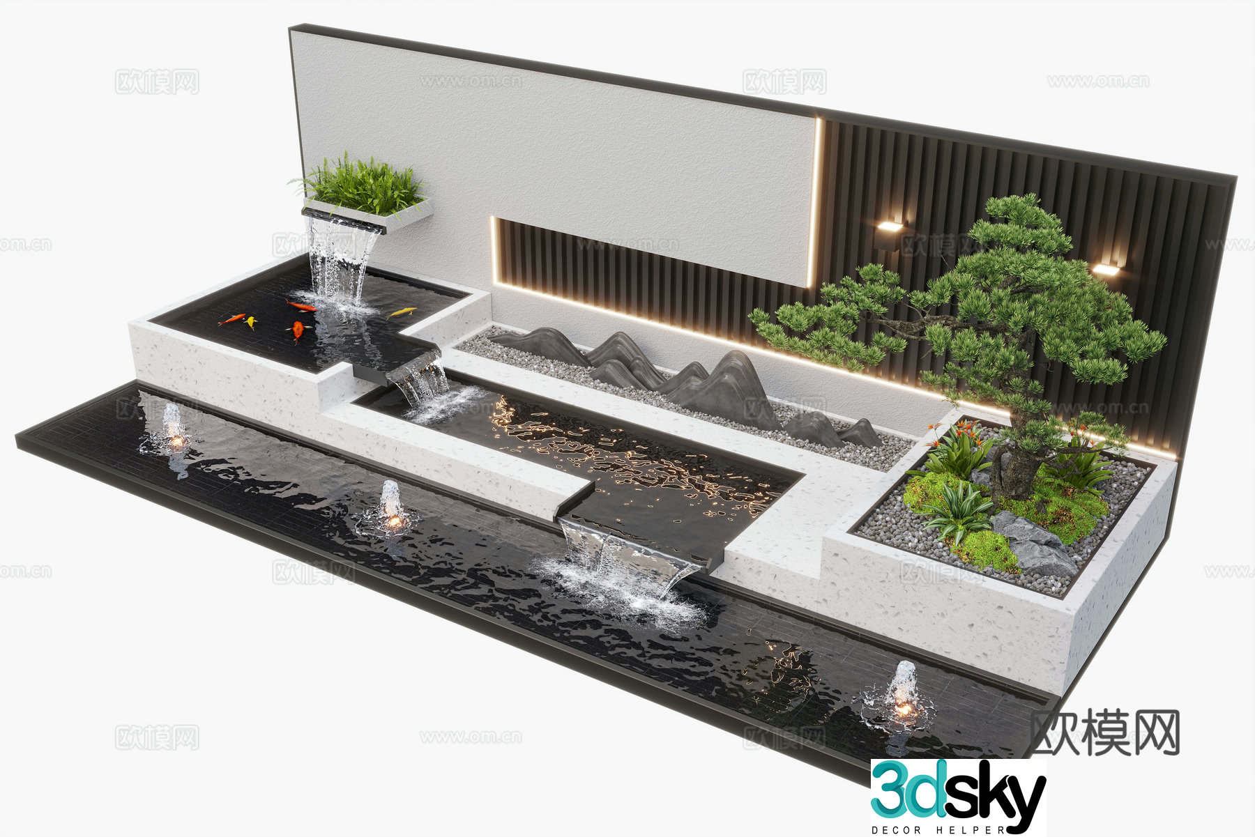 Modern courtyard waterscape waterscape wall stacked water plants landscape sketch fish pond 3d model