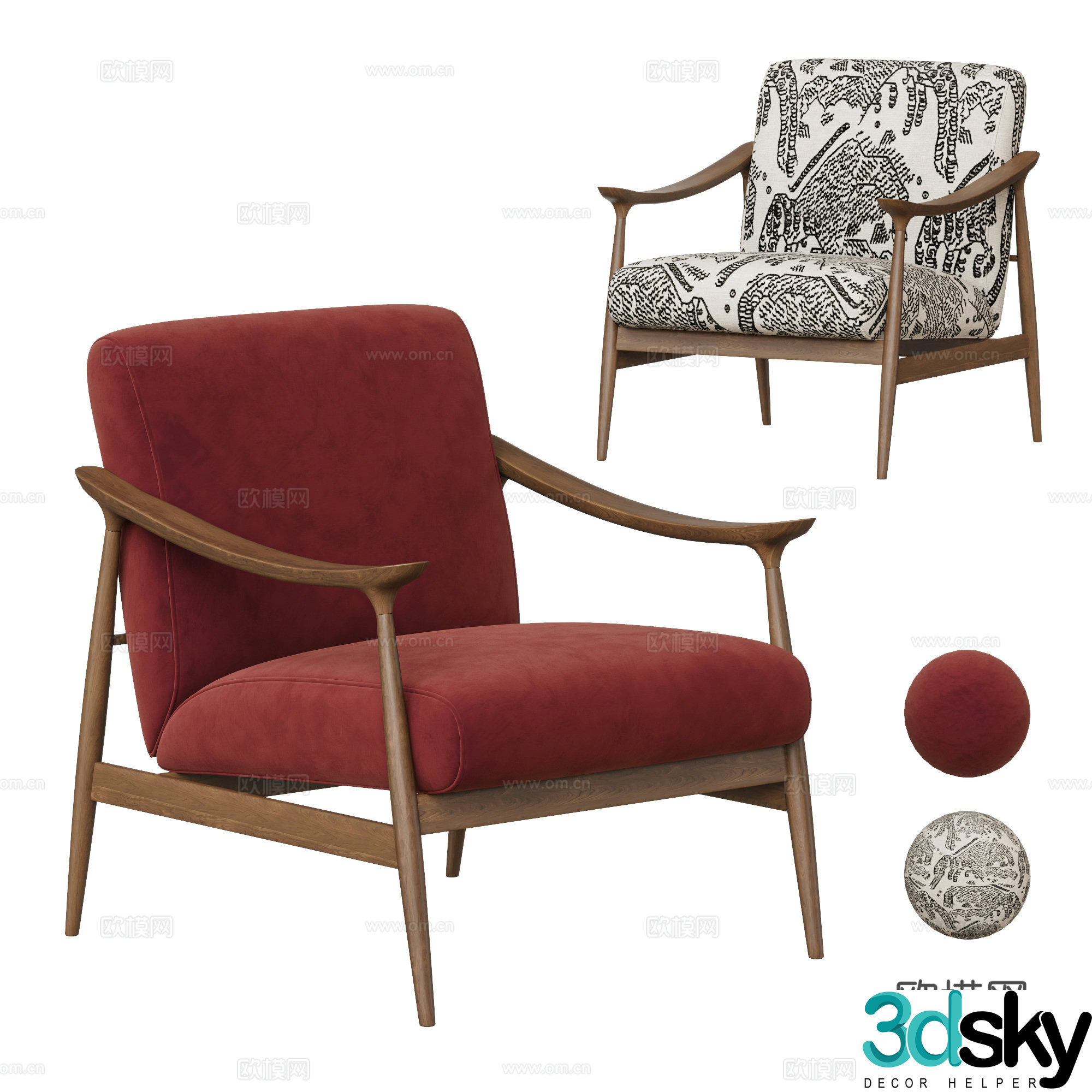 Medium style leisure chair sofa chair fabric leisure chair armchair wooden chair red leisure chair 3d model