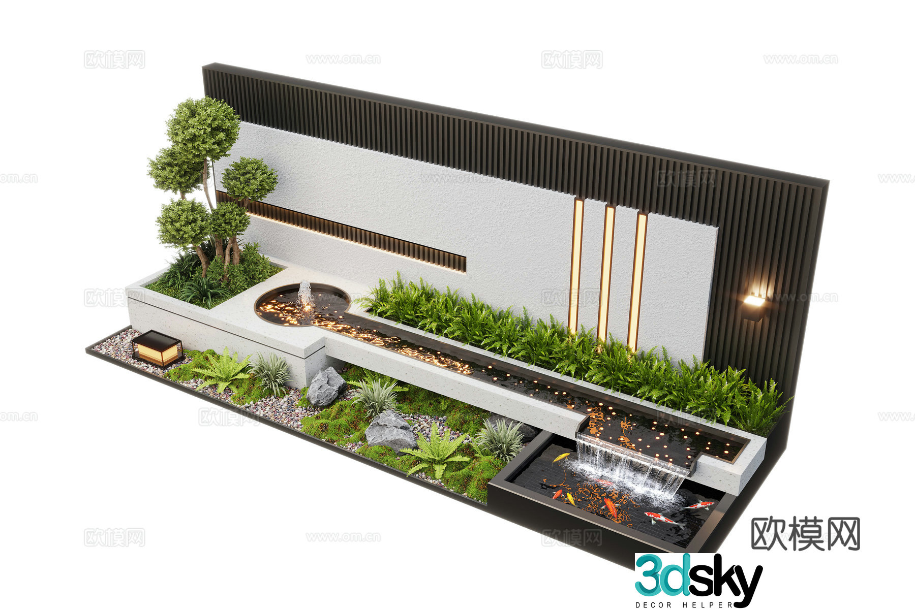Modern courtyard waterscape waterscape wall stacked water plants landscape sketch fish pond 3d model