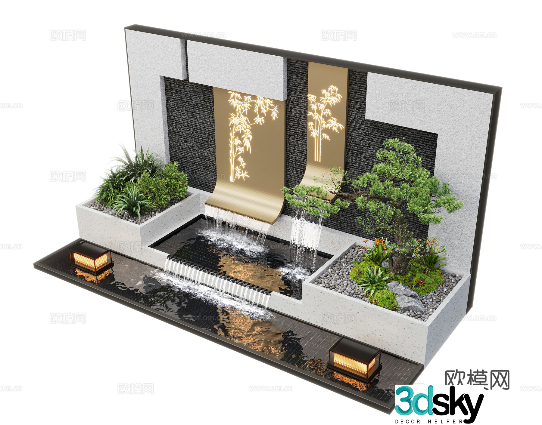 Modern courtyard waterscape waterscape wall stacked water plants landscape sketch fish pond 3d model