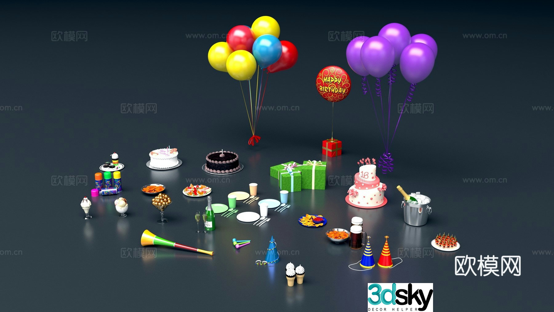 Birthday Party Supplies 3d Model