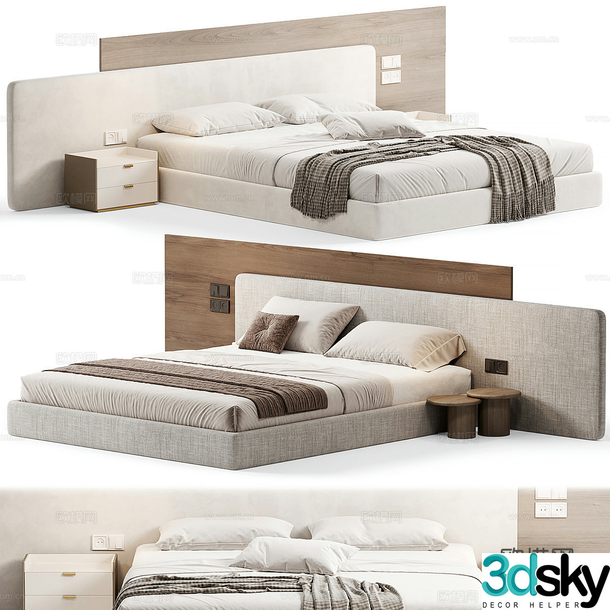 Modern minimalist fabric double bed 3D model