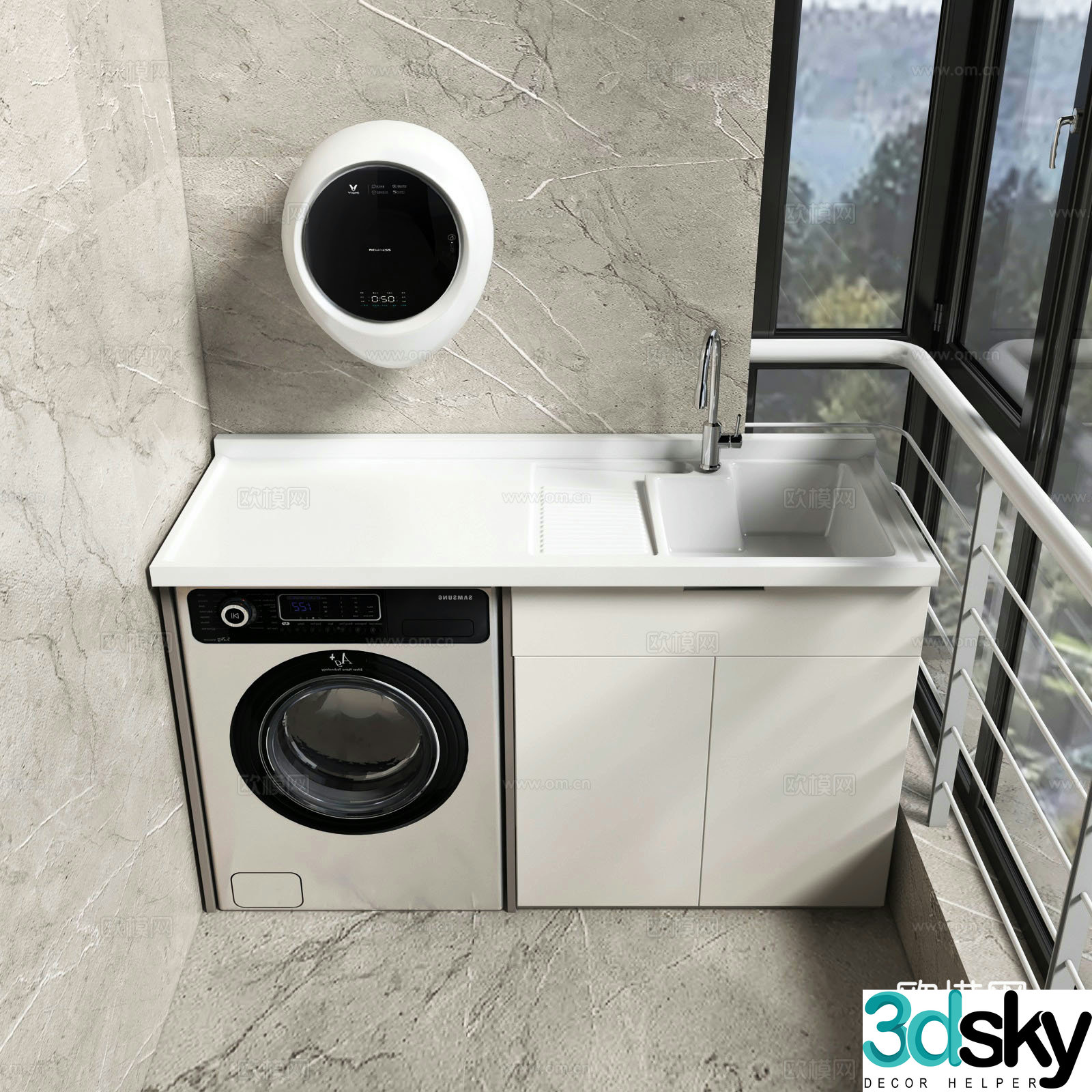 Balcony cabinet washing machine floor-to-ceiling window 3d model