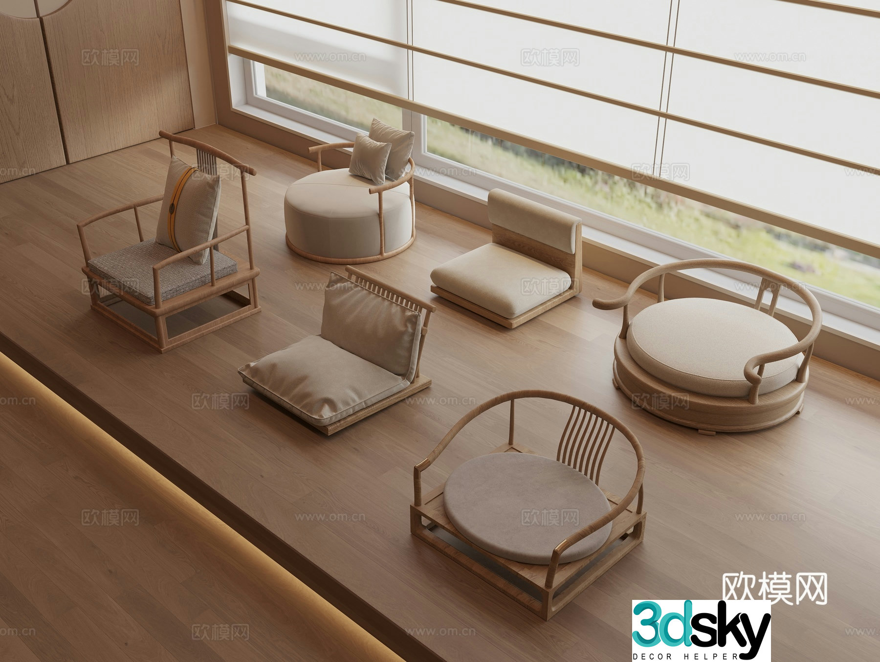 Japanese low stool solid wood seat tatami seat low seat fabric cushion 3D model