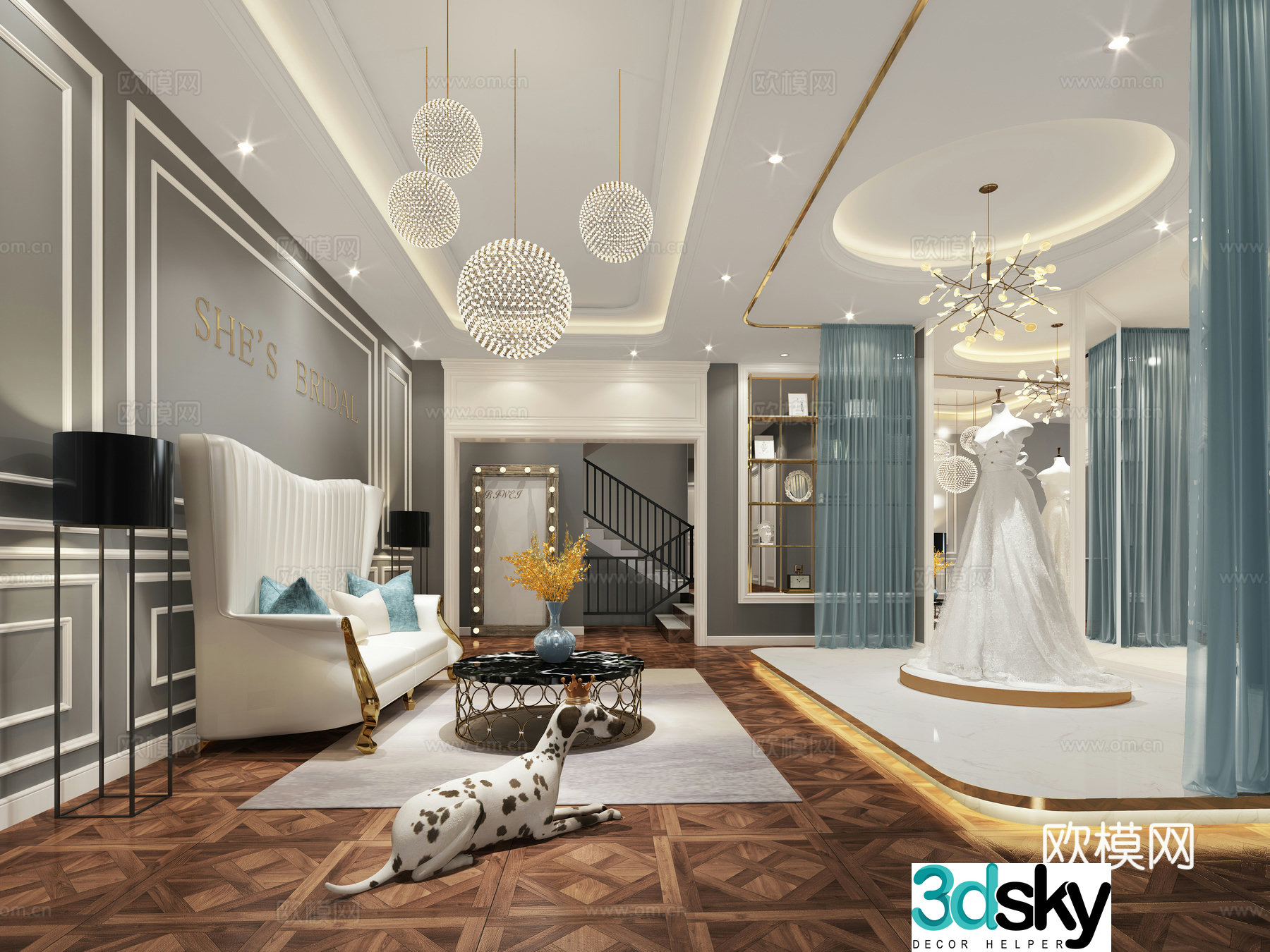 Nordic wedding photography house chandeliers luxury sofa wedding dress model spot dog 3d model