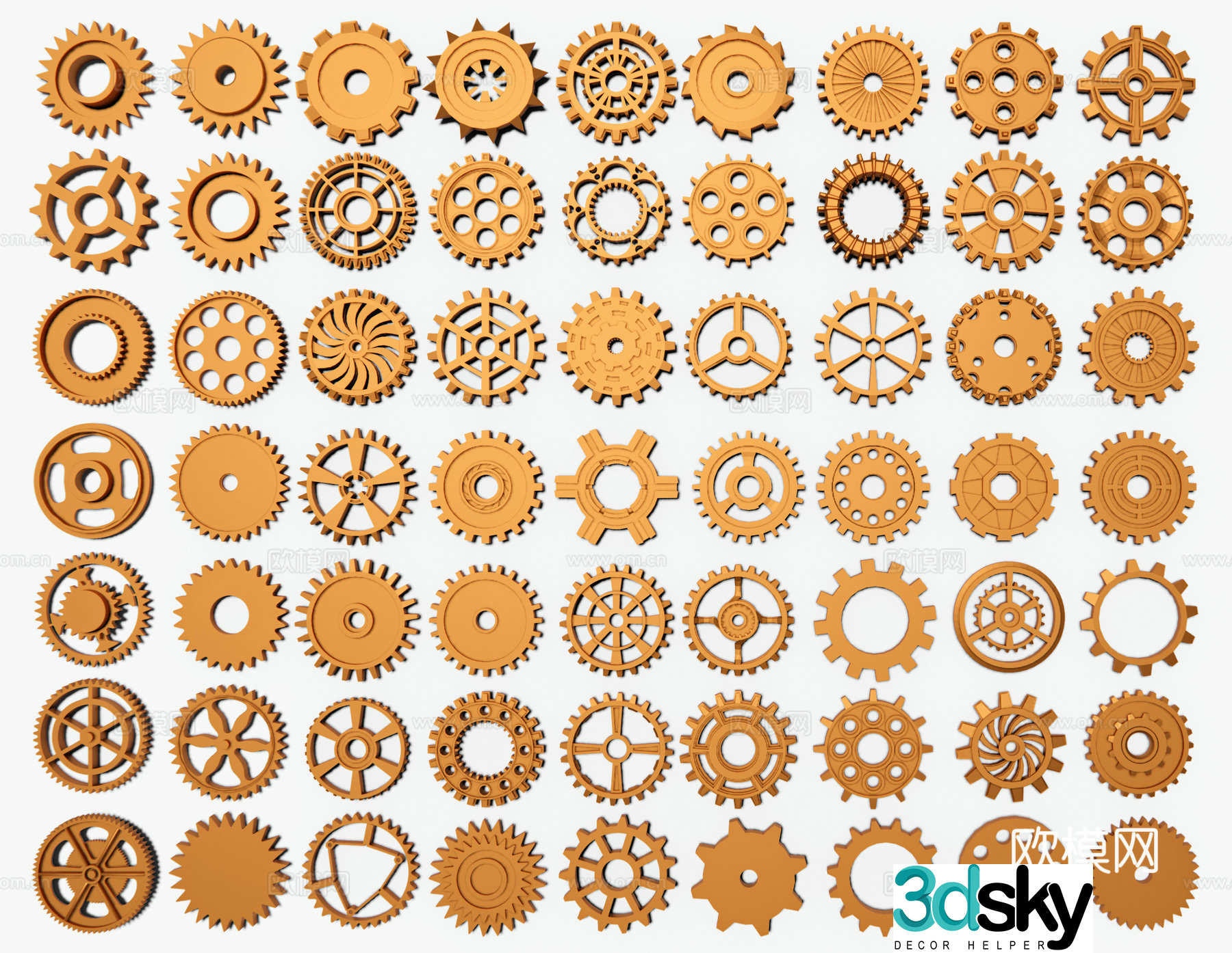Modern gears Industrial gears Internal gears Staggered shaft gears Helical gear sculptures Straight bevel gears 3d model