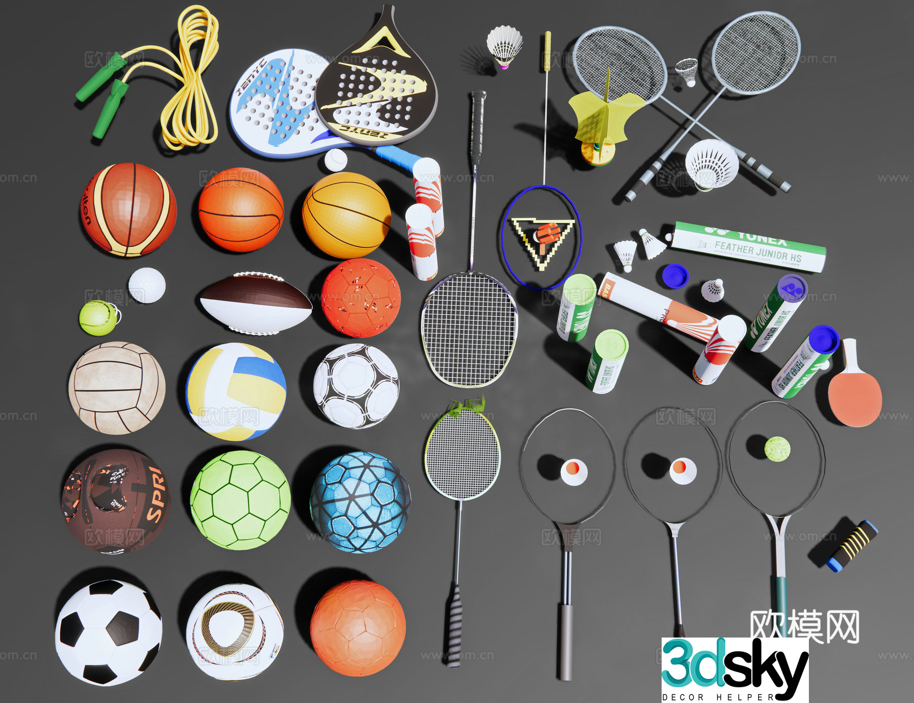 Modern basketball football badminton racket tennis table tennis rugby skipping rope shuttlecock 3d model