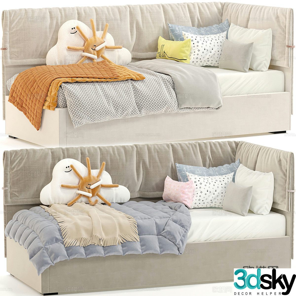 Modern cream style fabric children’s sofa bed 3d model