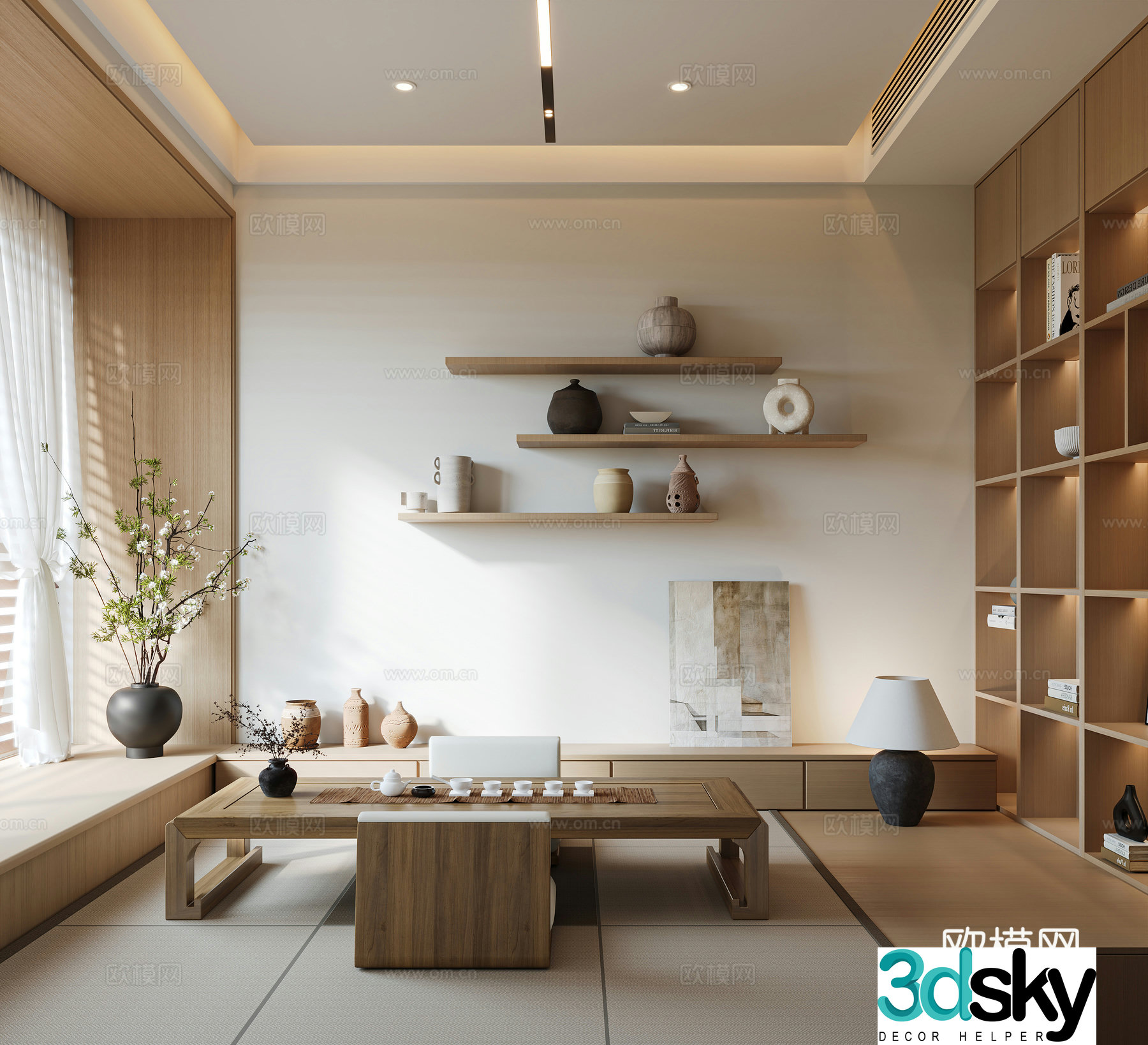 Tatami tea room tea table bay windowsill gauze curtain potted plant tea cabinet cabinet 3d model