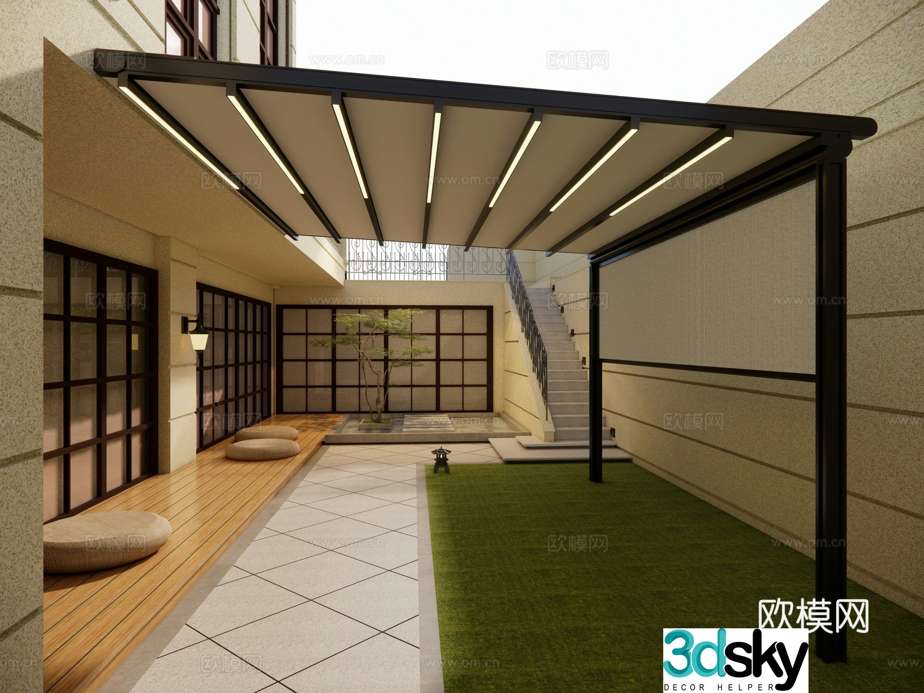Modern new Chinese style outdoor electric smart light strip courtyard awning sky curtain sunshade set 3D model