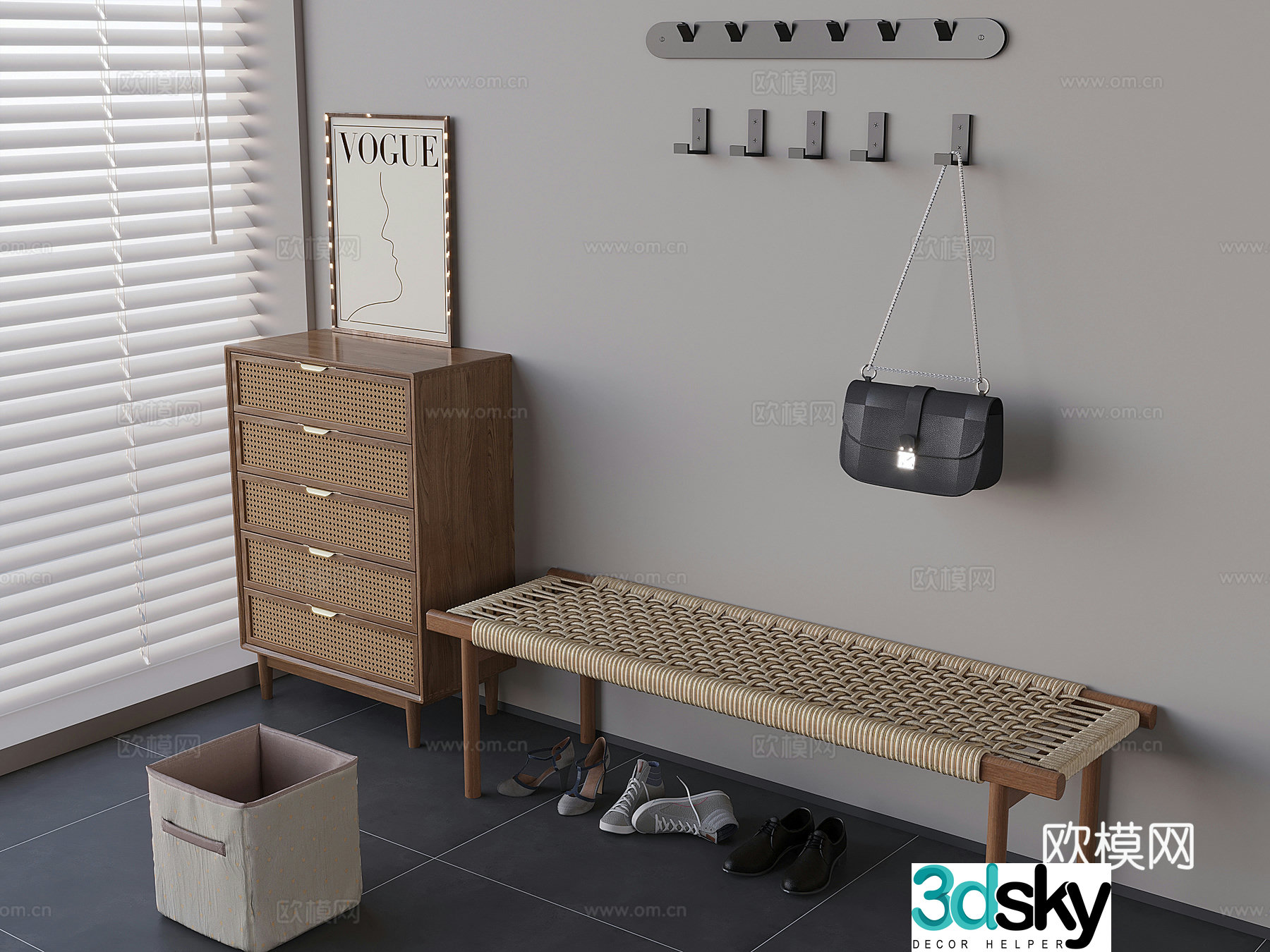 Middle-aged style rattan shoes changing stool rattan side cabinet storage cabinet Italian hook clothes hooks dirty bag 3D model