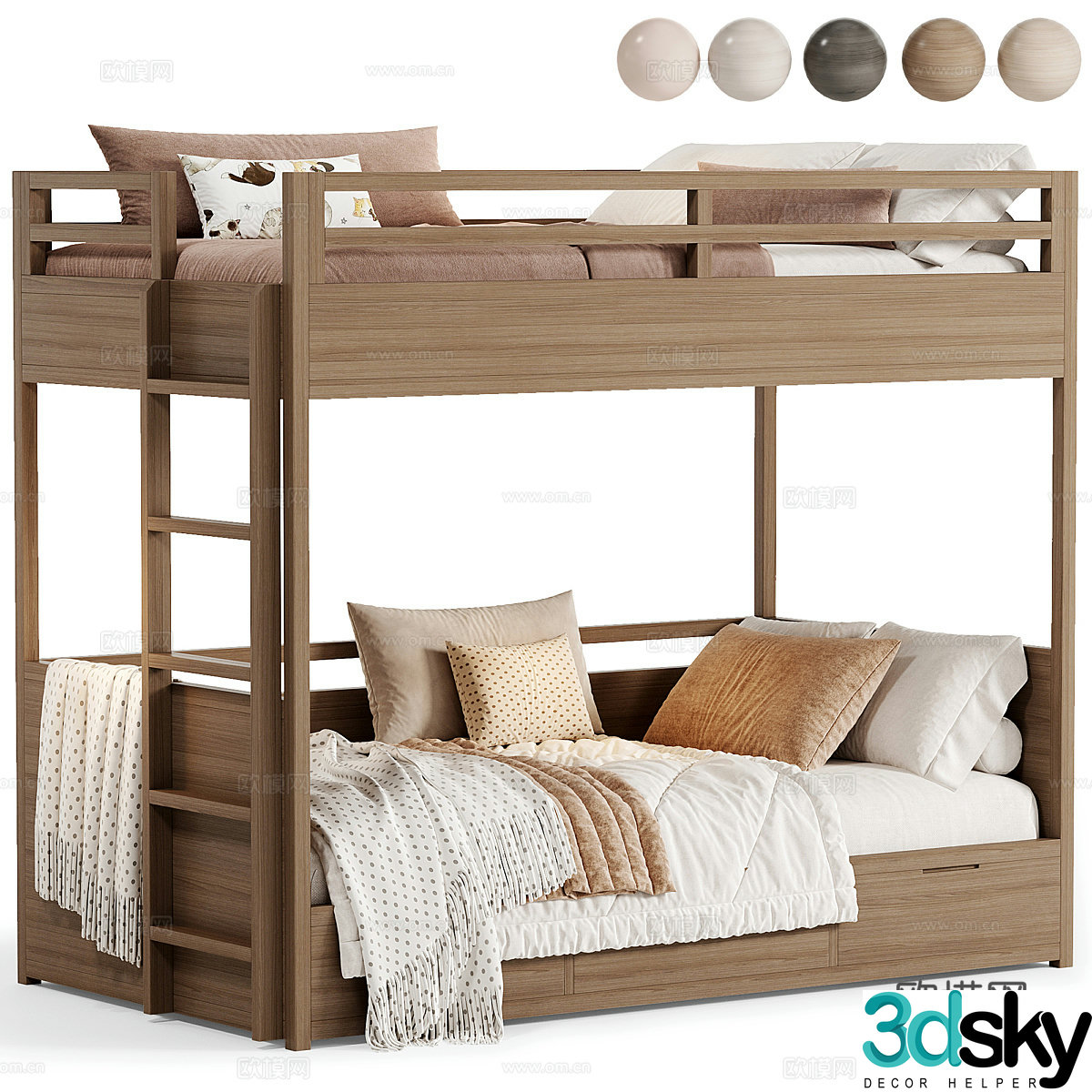 New Chinese children’s solid wood high and low bed 3D model