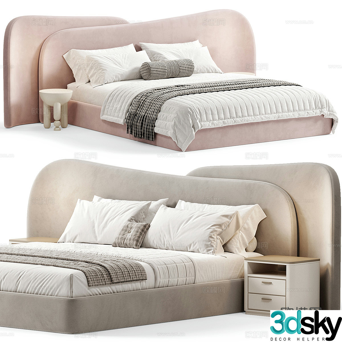 Modern cream style fabric double bed 3d model