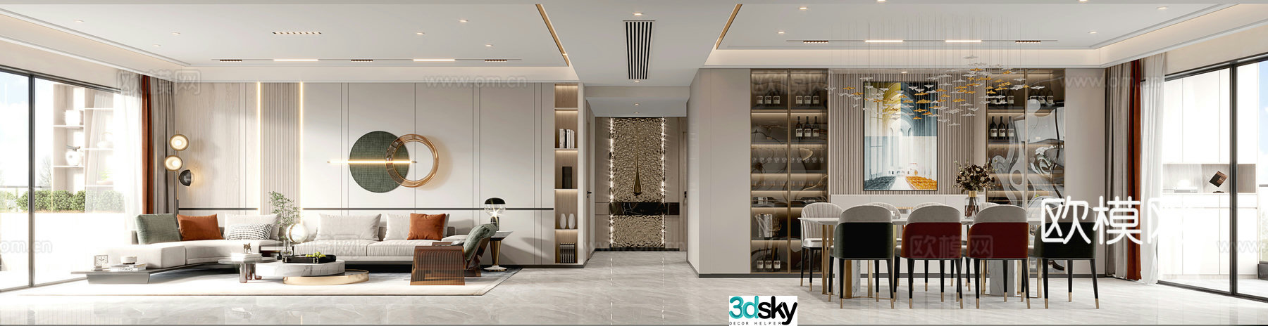 Modern living and dining room living and dining room TV background sofa combination table and chair combination 3D model
