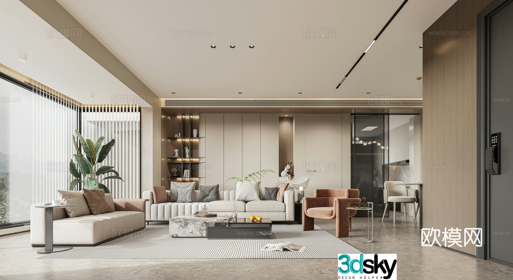 Modern living and dining room 3d model