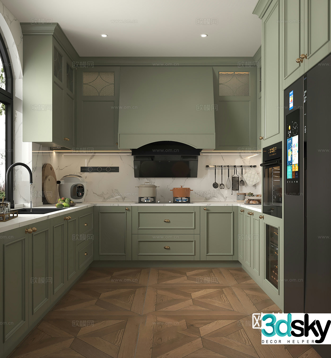 French American kitchen French green cabinet door kitchen American hood hood oven refrigerator range hood 3D model