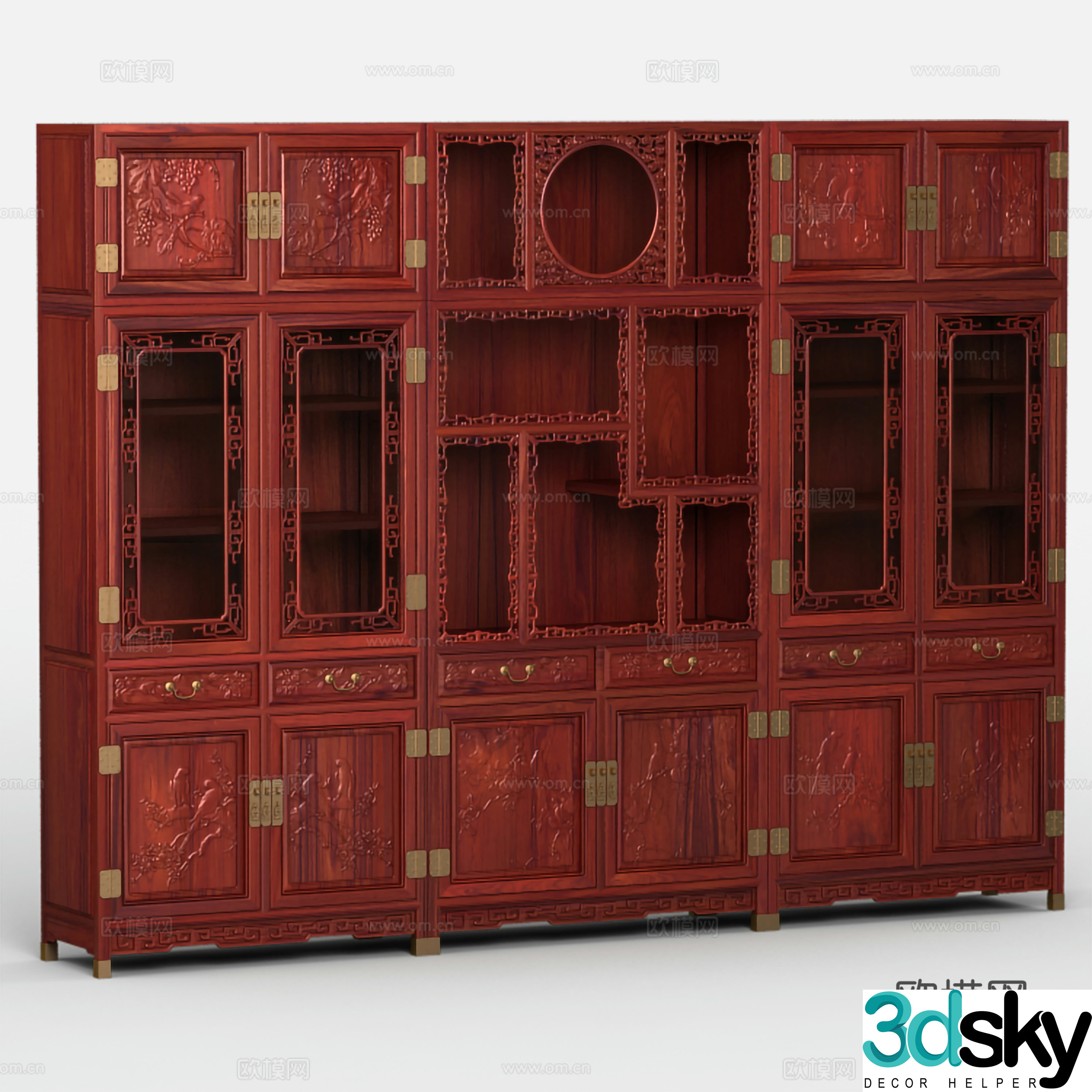 Chinese bookcase carved door panel hollow glass door solid wood mahogany 3D model